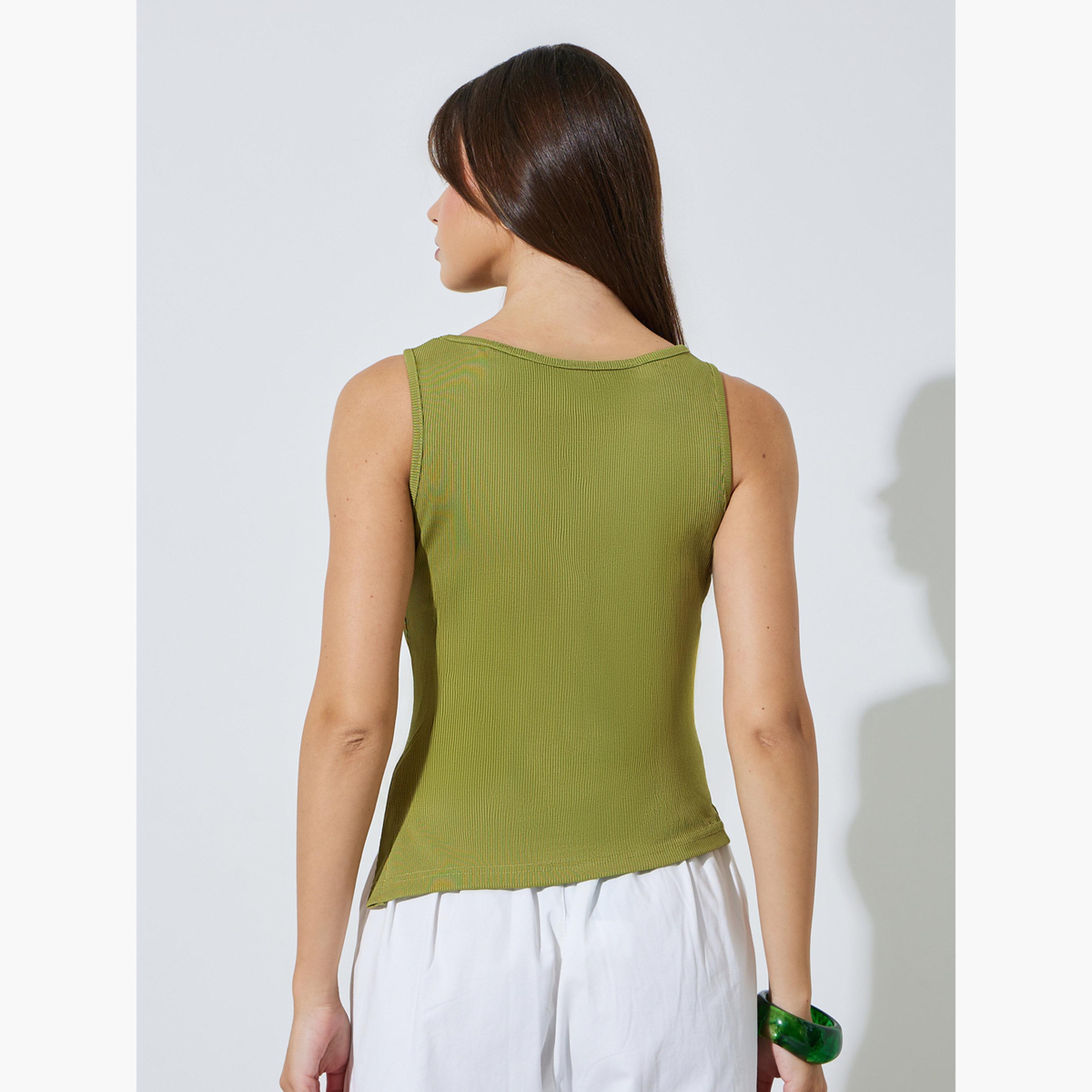Styli Green Ribbed Asymmetric Hem Cami Top-women-clothing-shirtsandblouses-blouses-image-4