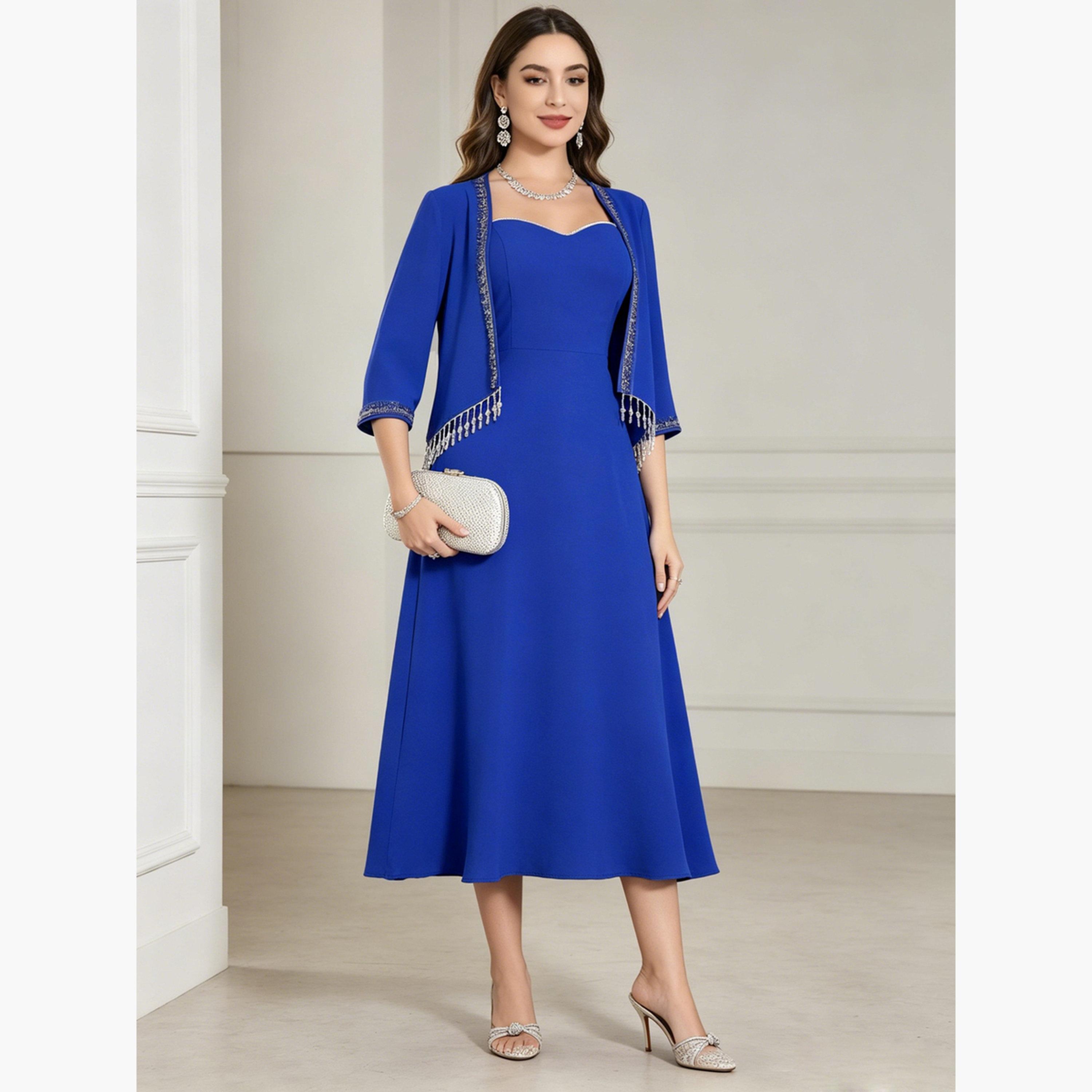 تيك تو - فستان ميدي أزرق تصميم A مع شال مزين-women-clothing-dresses-image-1