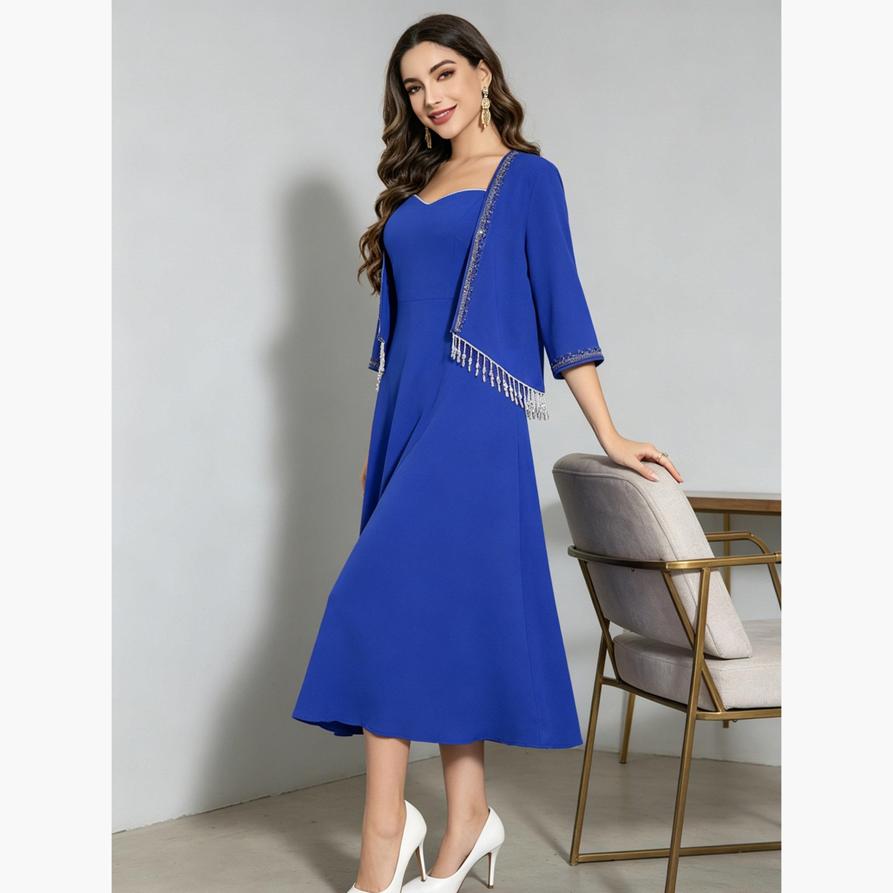 تيك تو - فستان ميدي أزرق تصميم A مع شال مزين-women-clothing-dresses-image-2