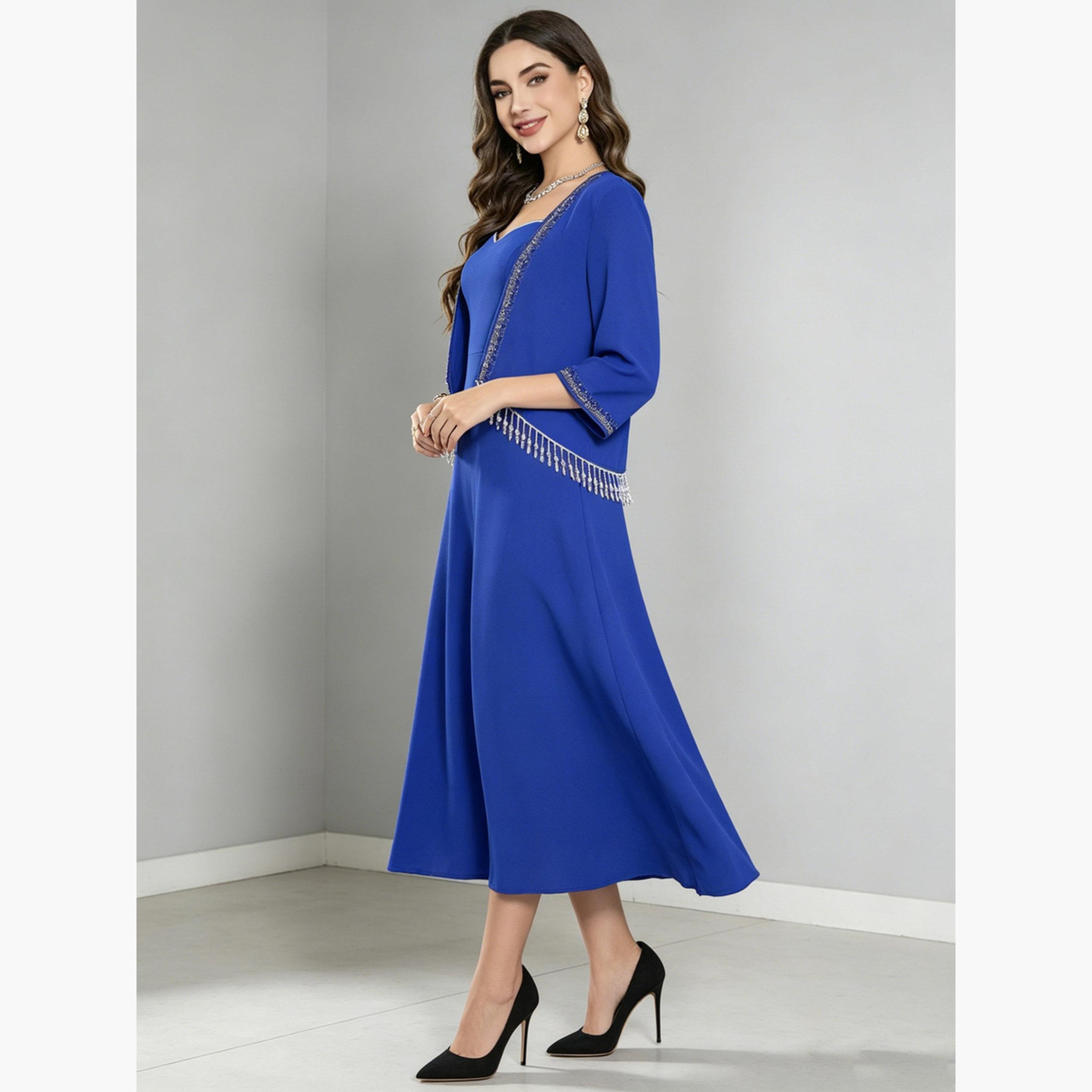 تيك تو - فستان ميدي أزرق تصميم A مع شال مزين-women-clothing-dresses-image-3
