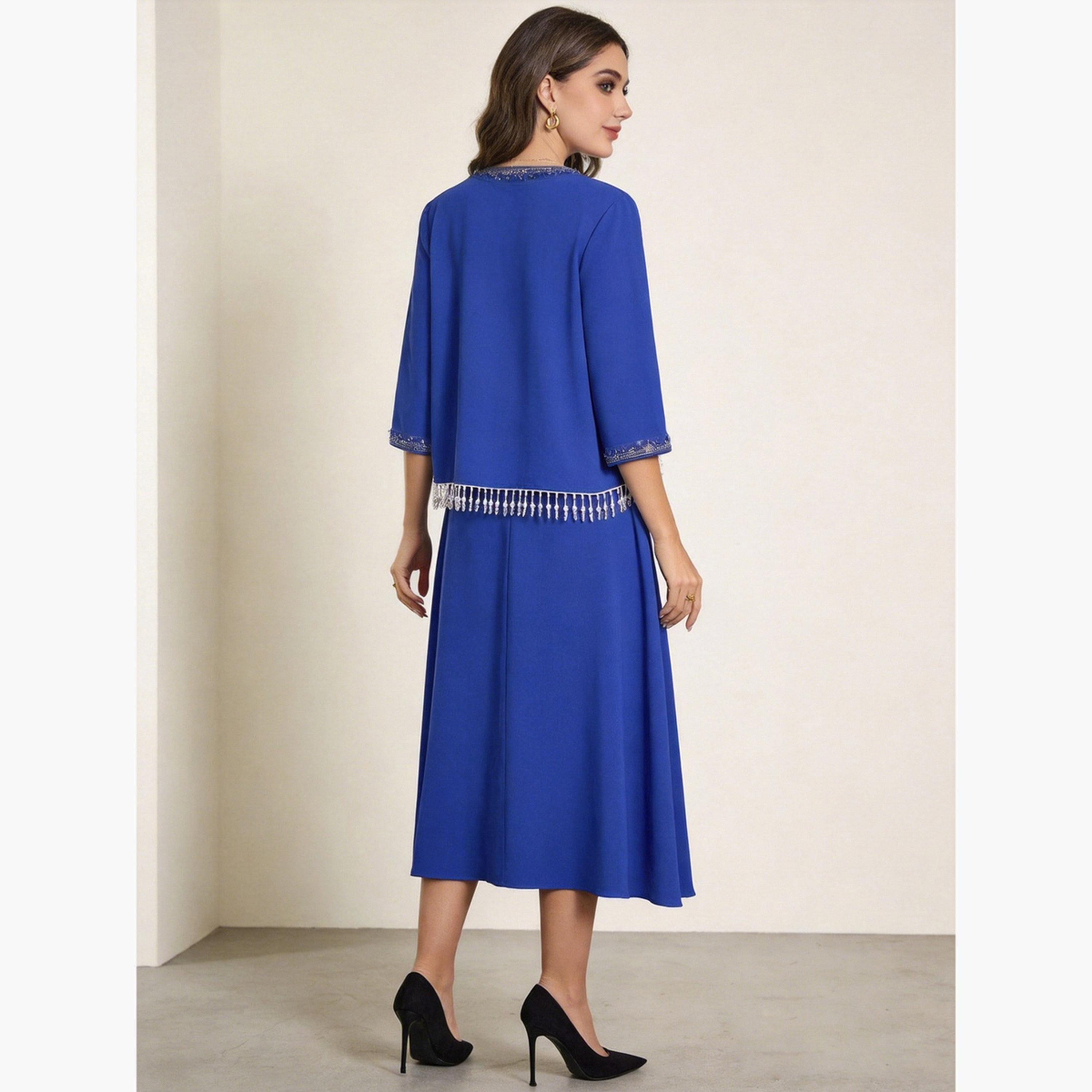تيك تو - فستان ميدي أزرق تصميم A مع شال مزين-women-clothing-dresses-image-4