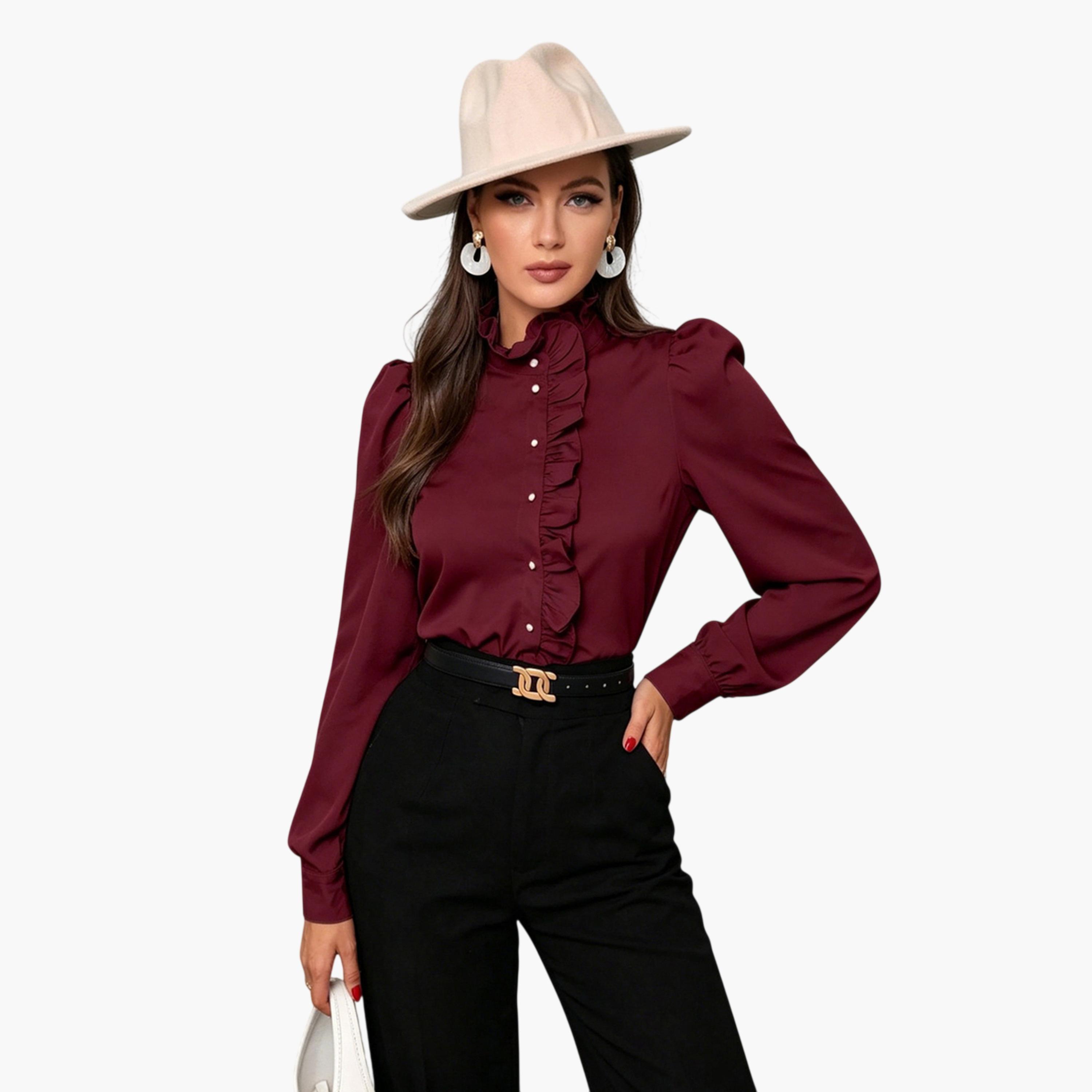 تيك تو - بلوزة طويلة الأكمام مكشكشة باللون العنابي-women-clothing-shirtsandblouses-blouses-image-1