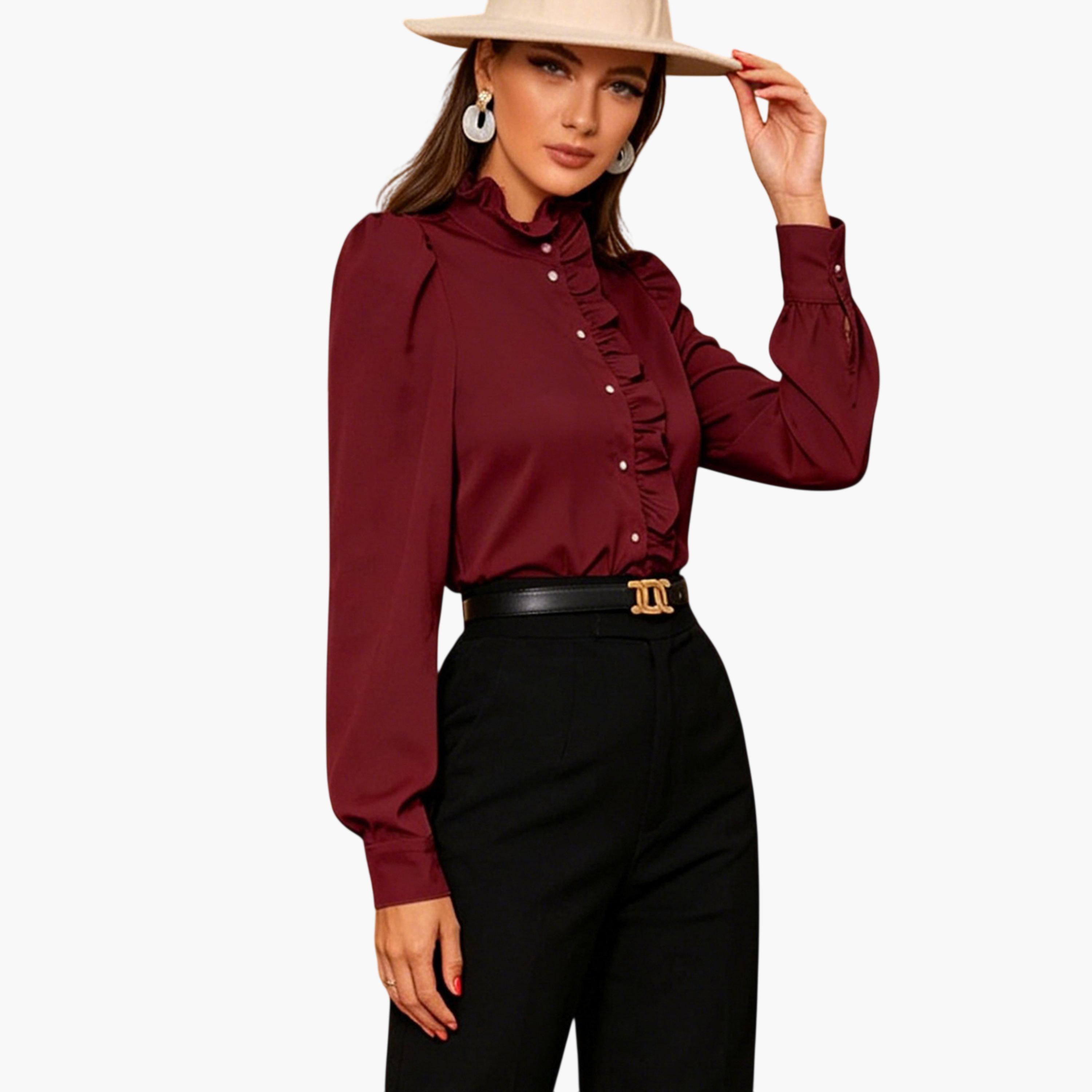 تيك تو - بلوزة طويلة الأكمام مكشكشة باللون العنابي-women-clothing-shirtsandblouses-blouses-image-2