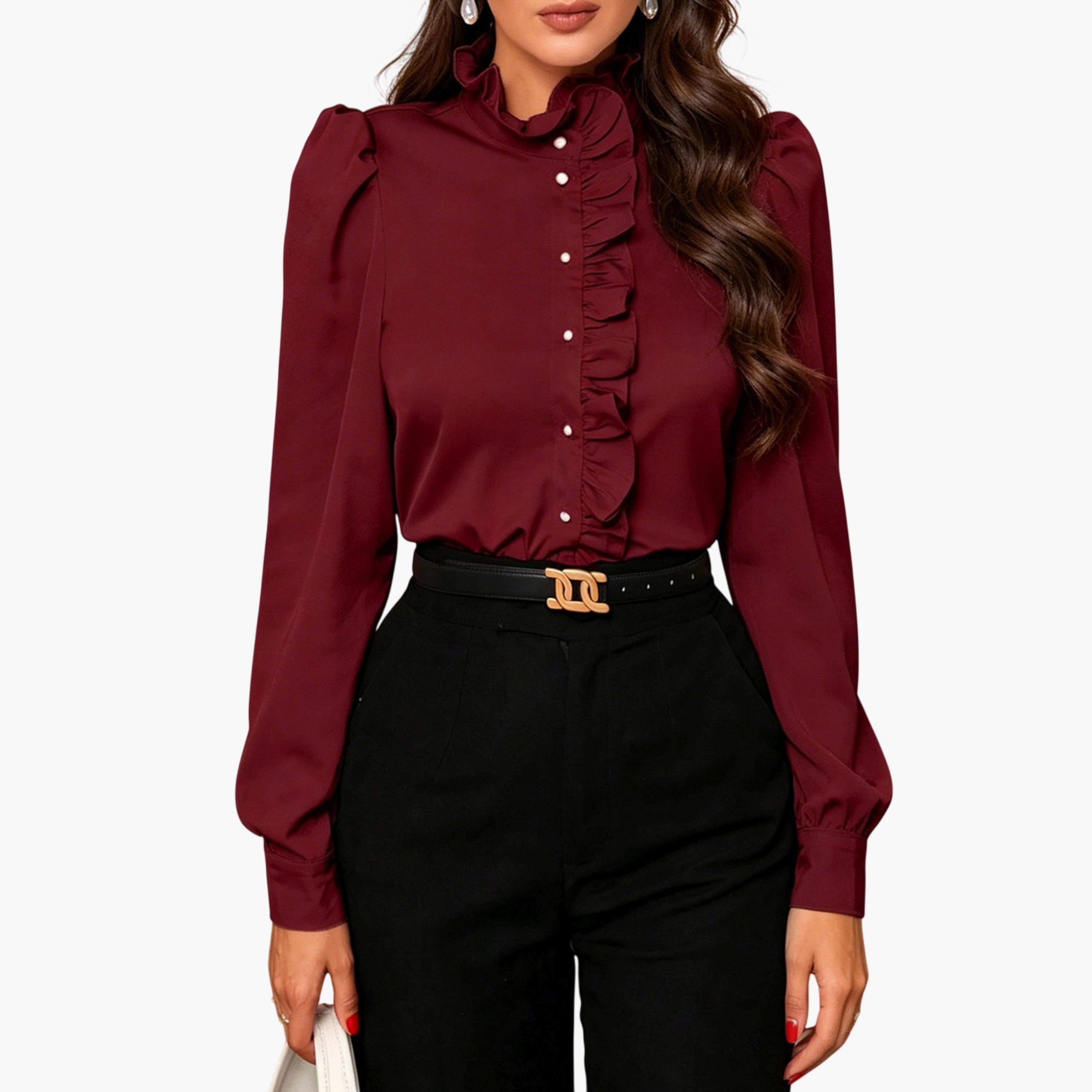تيك تو - بلوزة طويلة الأكمام مكشكشة باللون العنابي-women-clothing-shirtsandblouses-blouses-image-3
