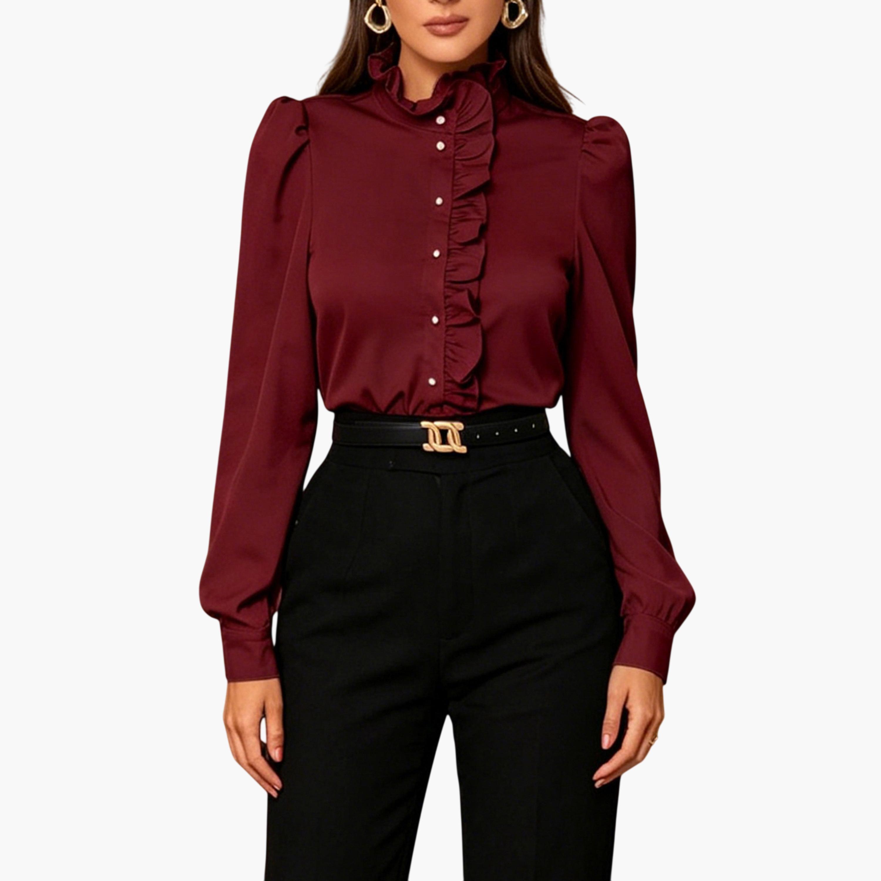 تيك تو - بلوزة طويلة الأكمام مكشكشة باللون العنابي-women-clothing-shirtsandblouses-blouses-image-4
