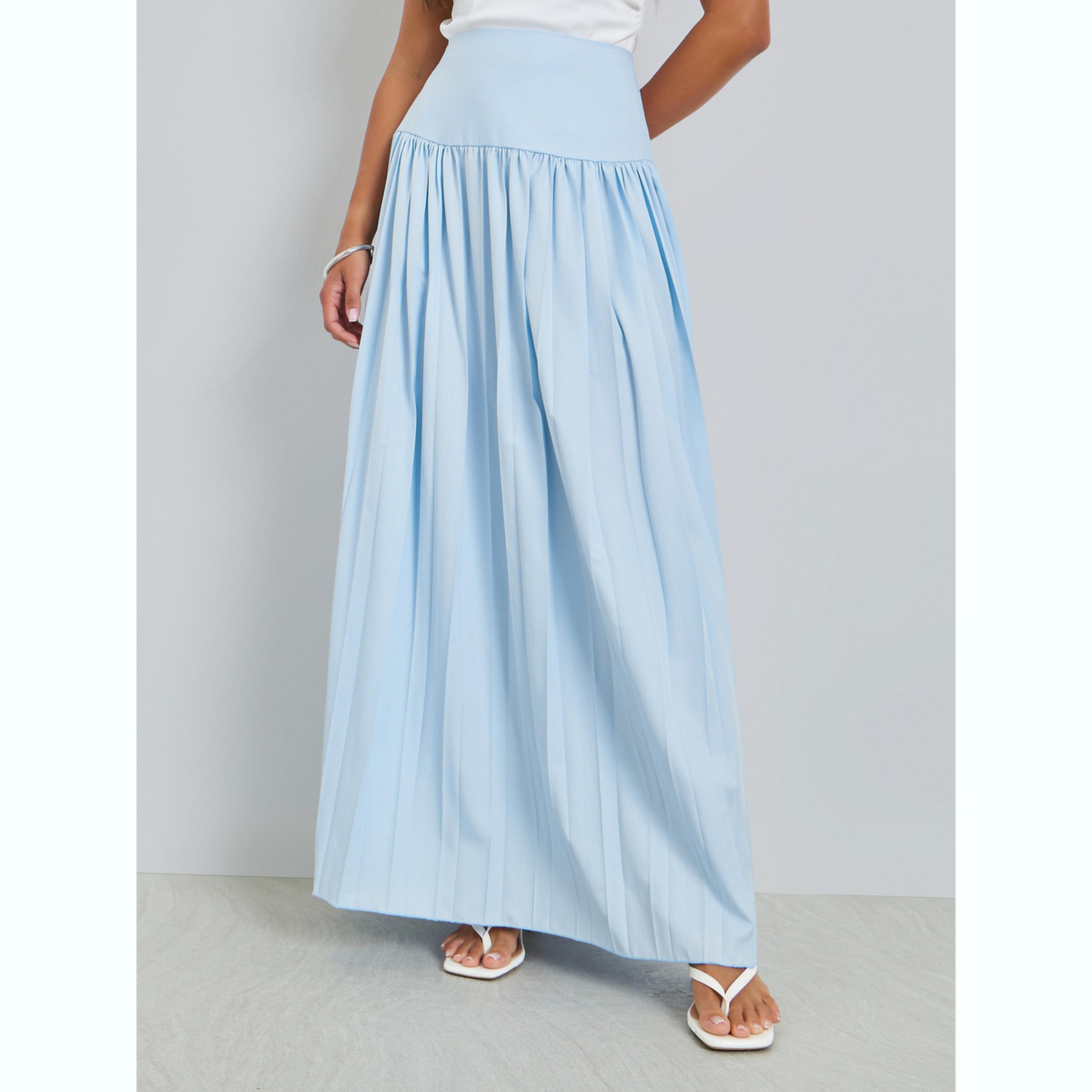 Styli Blue Wide Waistband Pleated Maxi Skirt-women-clothing-bottoms-skirts-image-1