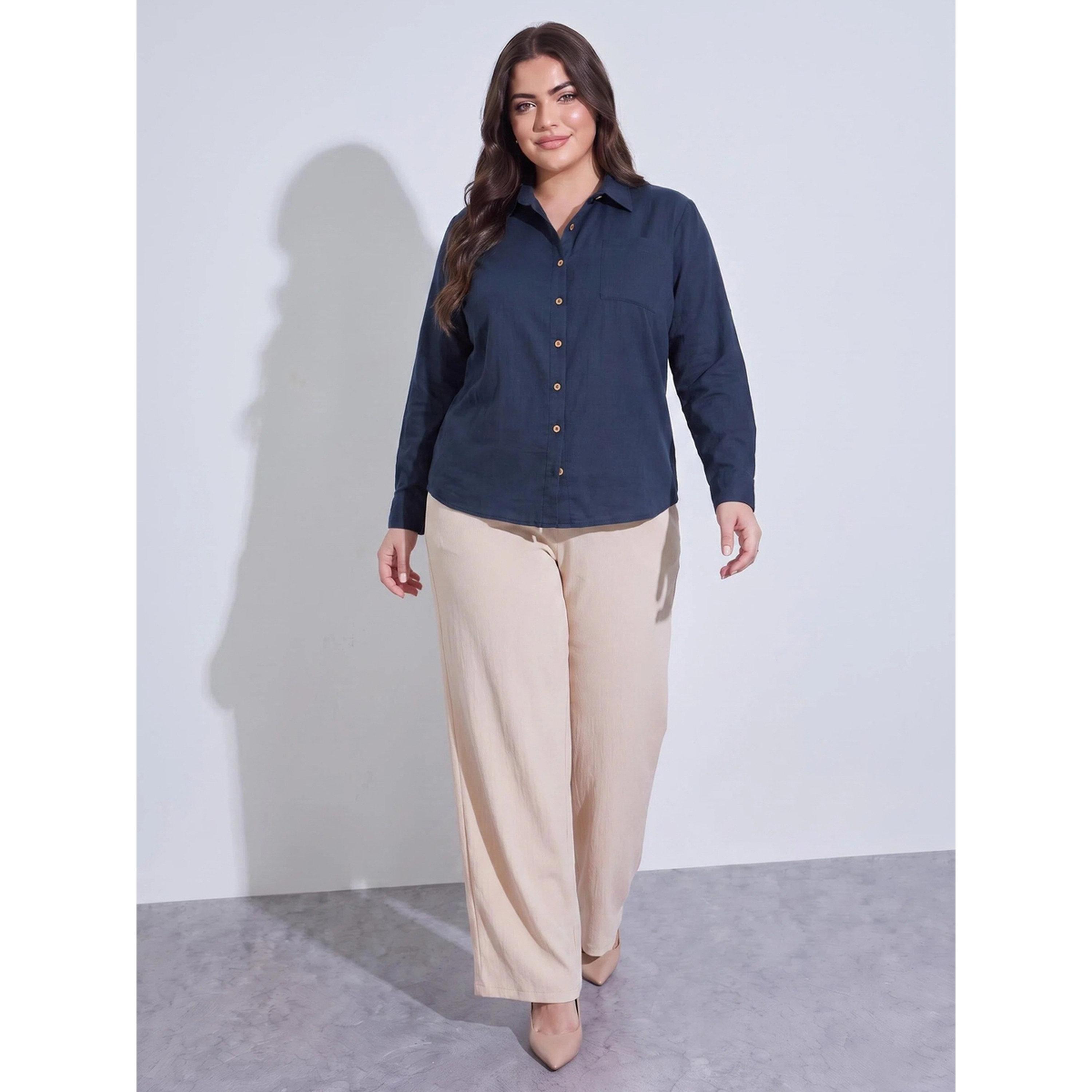 ستايلي - قميص طويل فضفاض بكتفين منسدلين كحلي 213-women-clothing-shirtsandblouses-shirts-image-2
