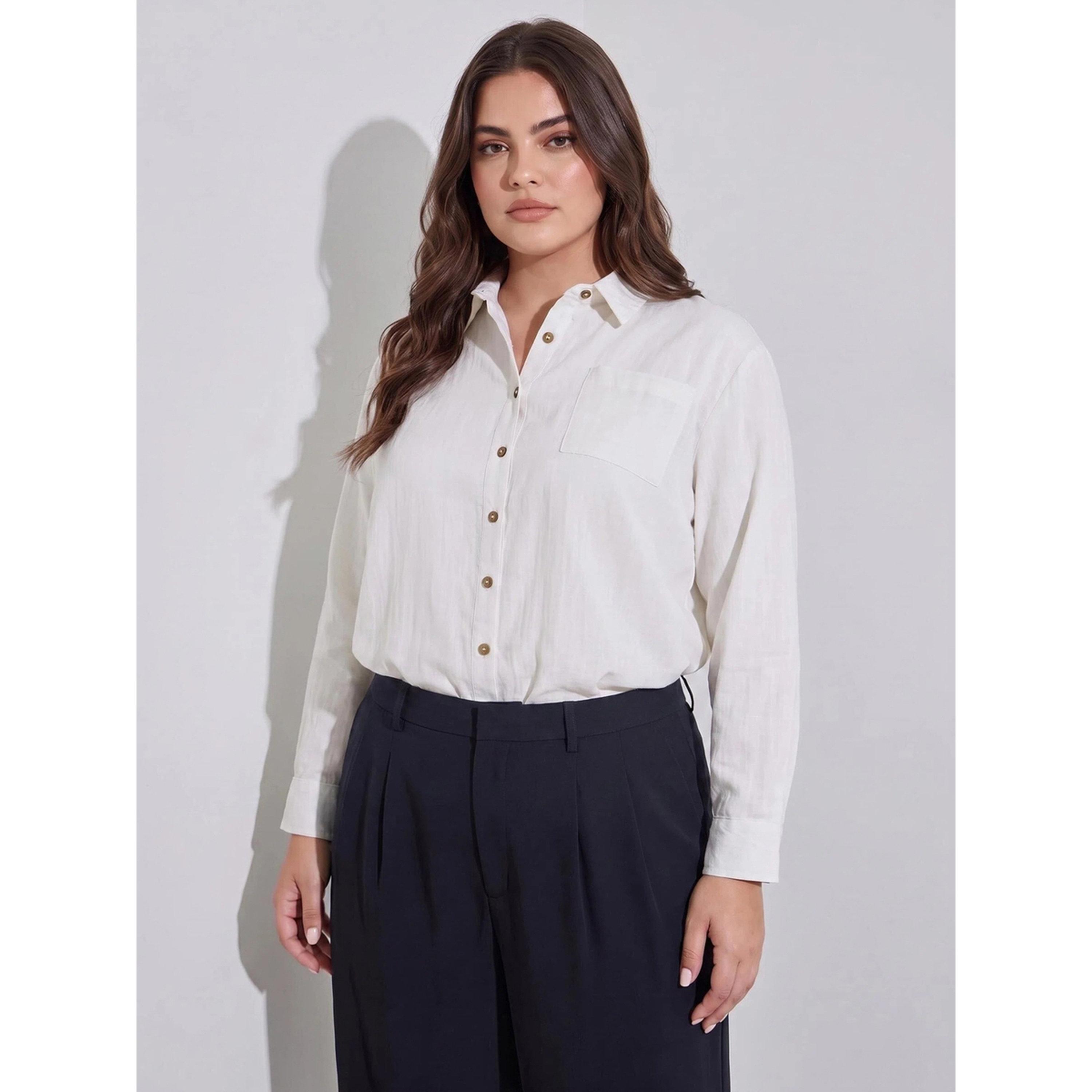 Styli Plus Size Off White Solid Pocket Detail Oversized Shirt-women-clothing-shirtsandblouses-shirts-image-1