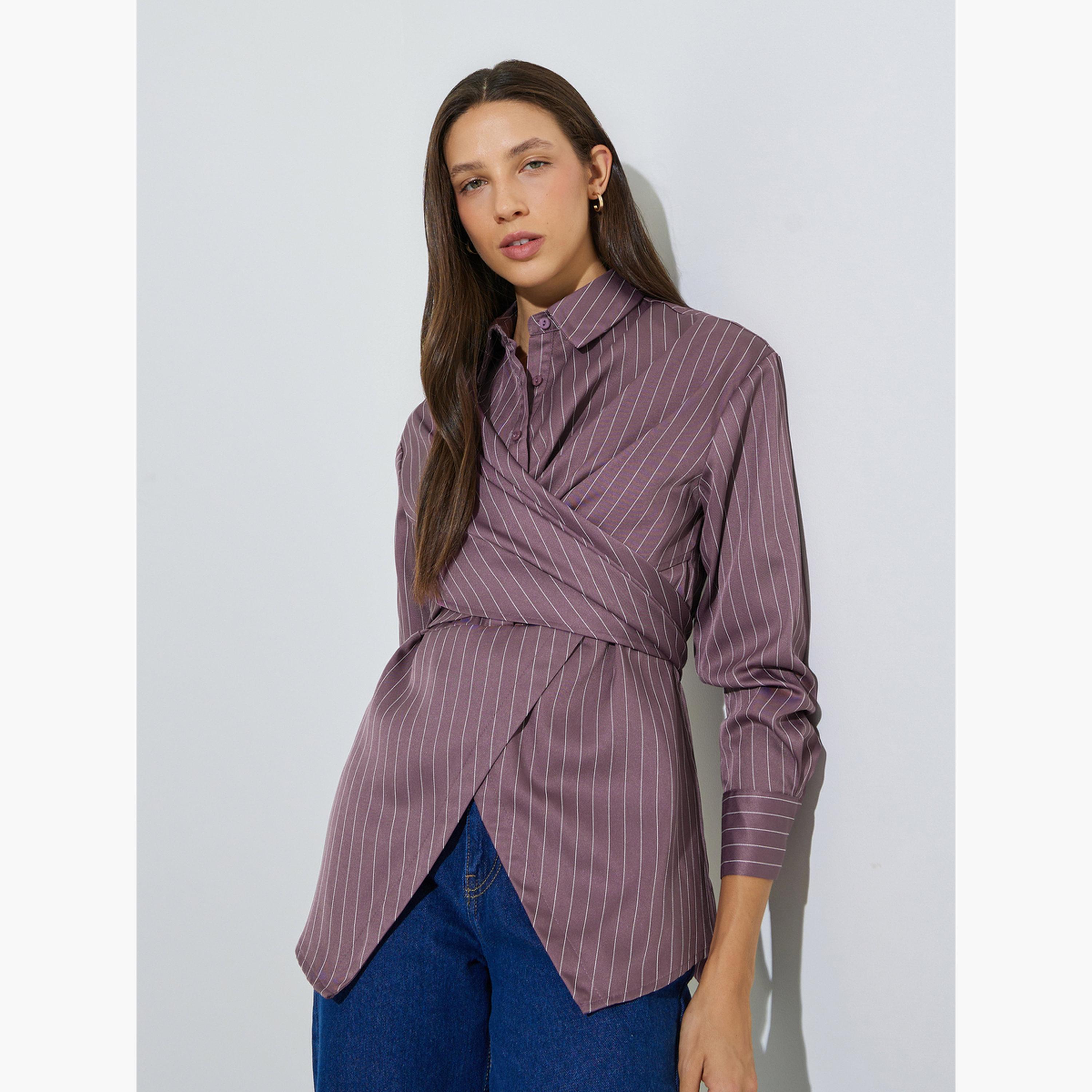 ستايلي - قميص بني مخطط بأكمام طويلة ملفوف-women-clothing-shirtsandblouses-blouses-image-1