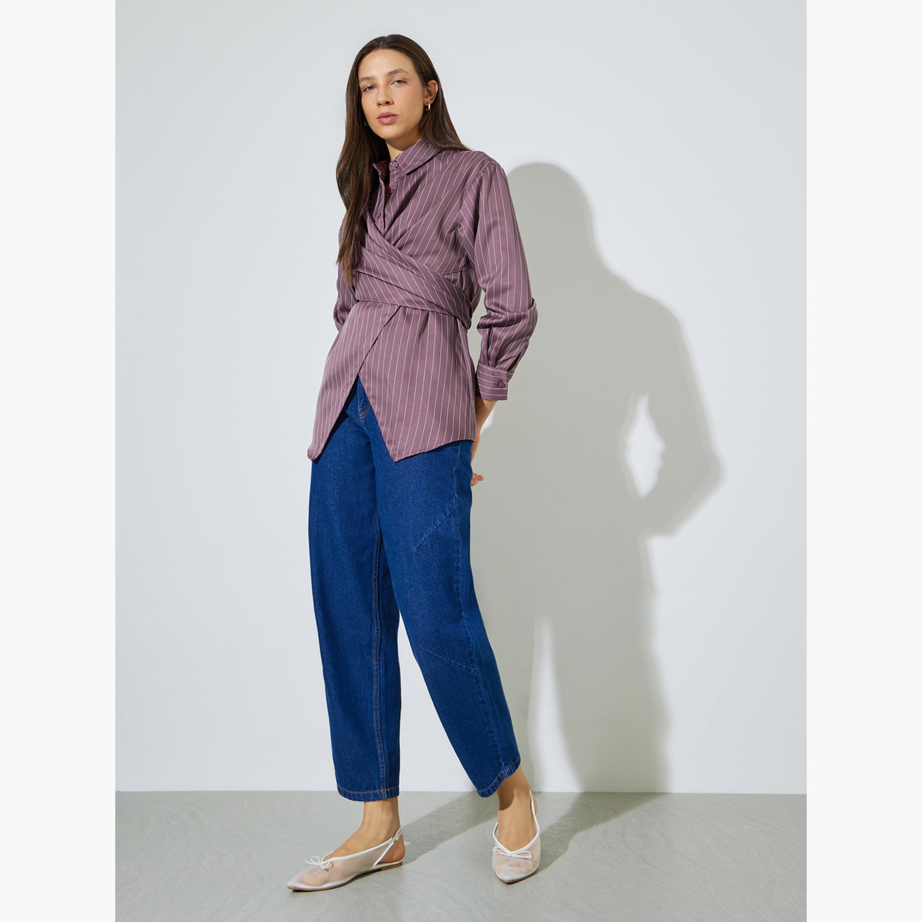 ستايلي - قميص بني مخطط بأكمام طويلة ملفوف-women-clothing-shirtsandblouses-blouses-image-2