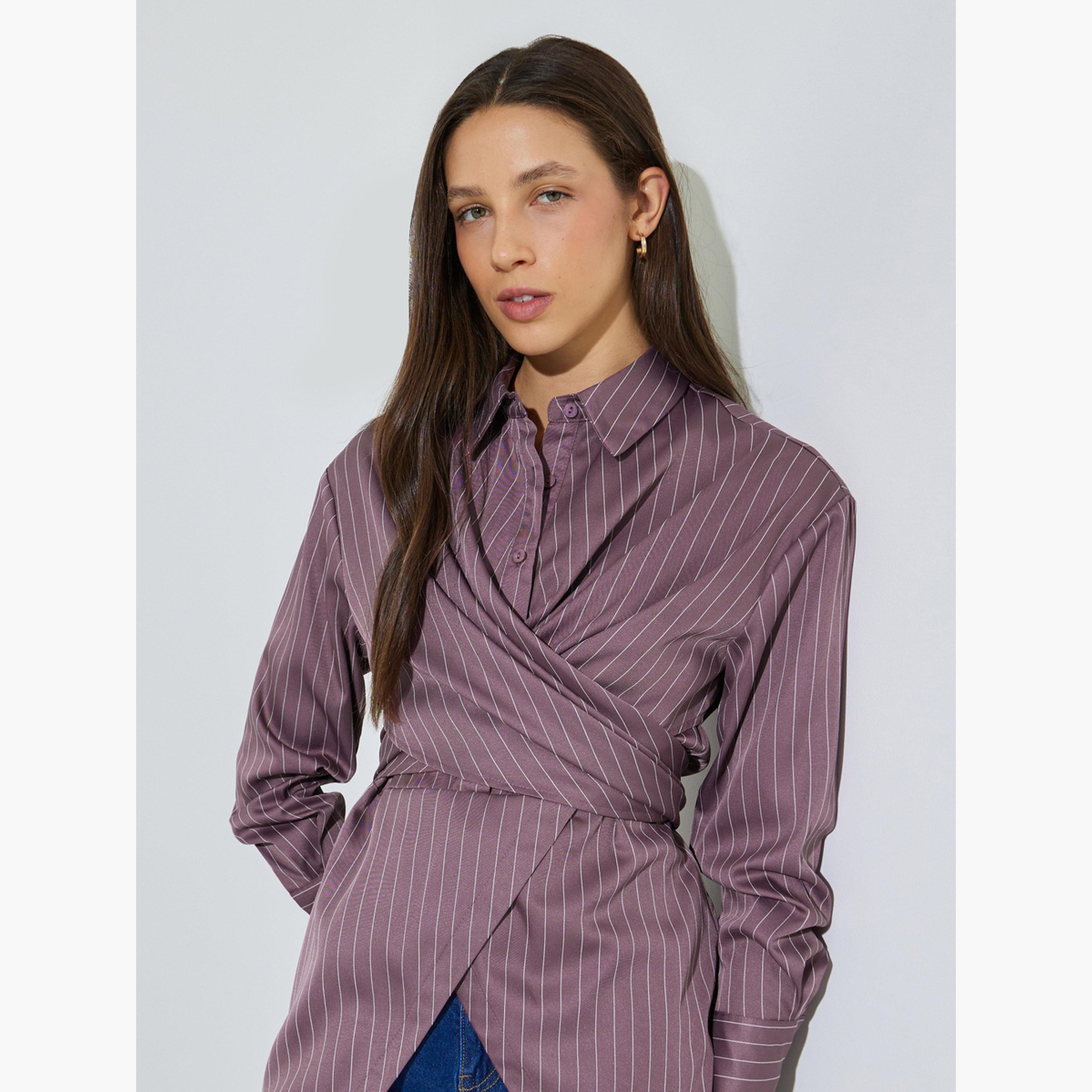 ستايلي - قميص بني مخطط بأكمام طويلة ملفوف-women-clothing-shirtsandblouses-blouses-image-3