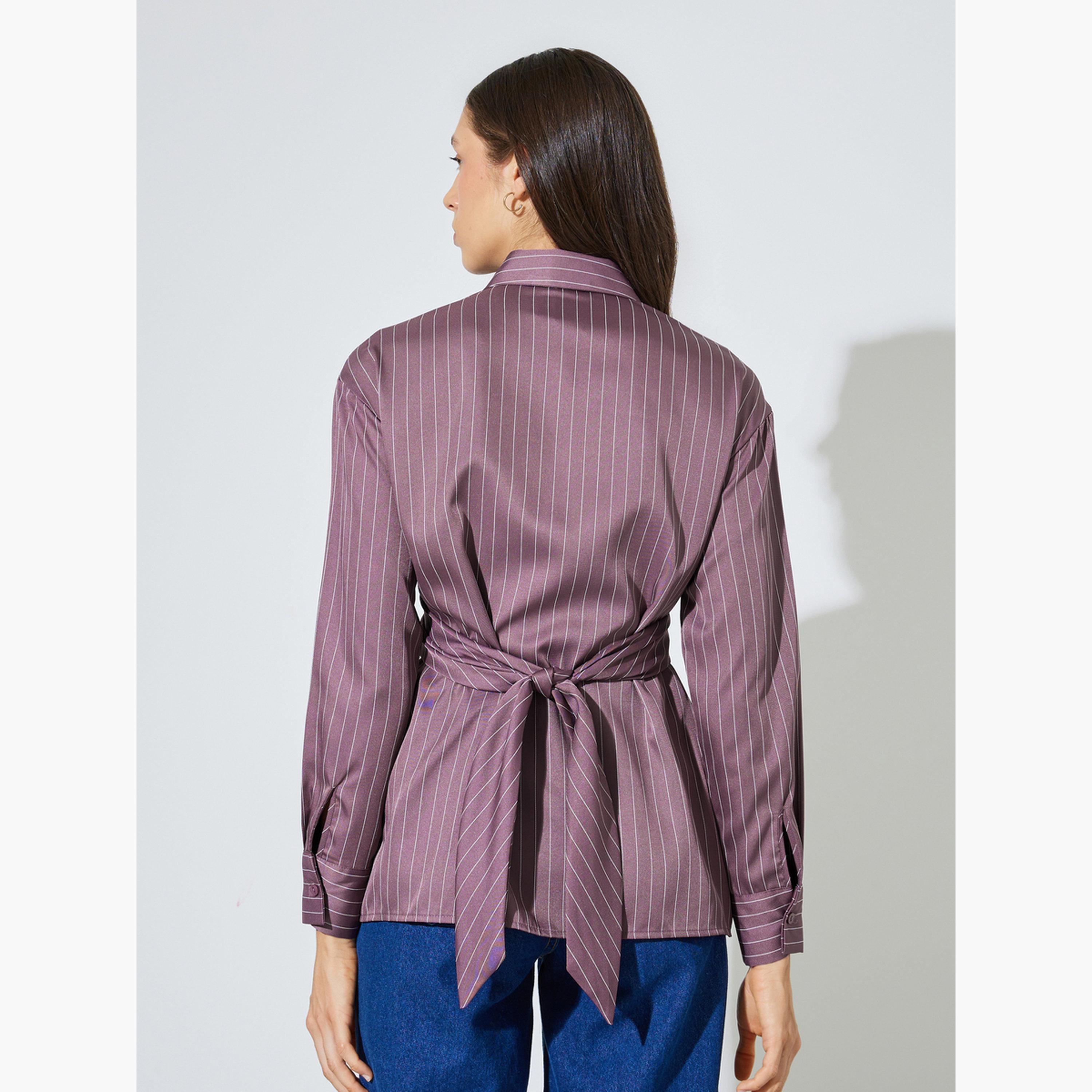 ستايلي - قميص بني مخطط بأكمام طويلة ملفوف-women-clothing-shirtsandblouses-blouses-image-4