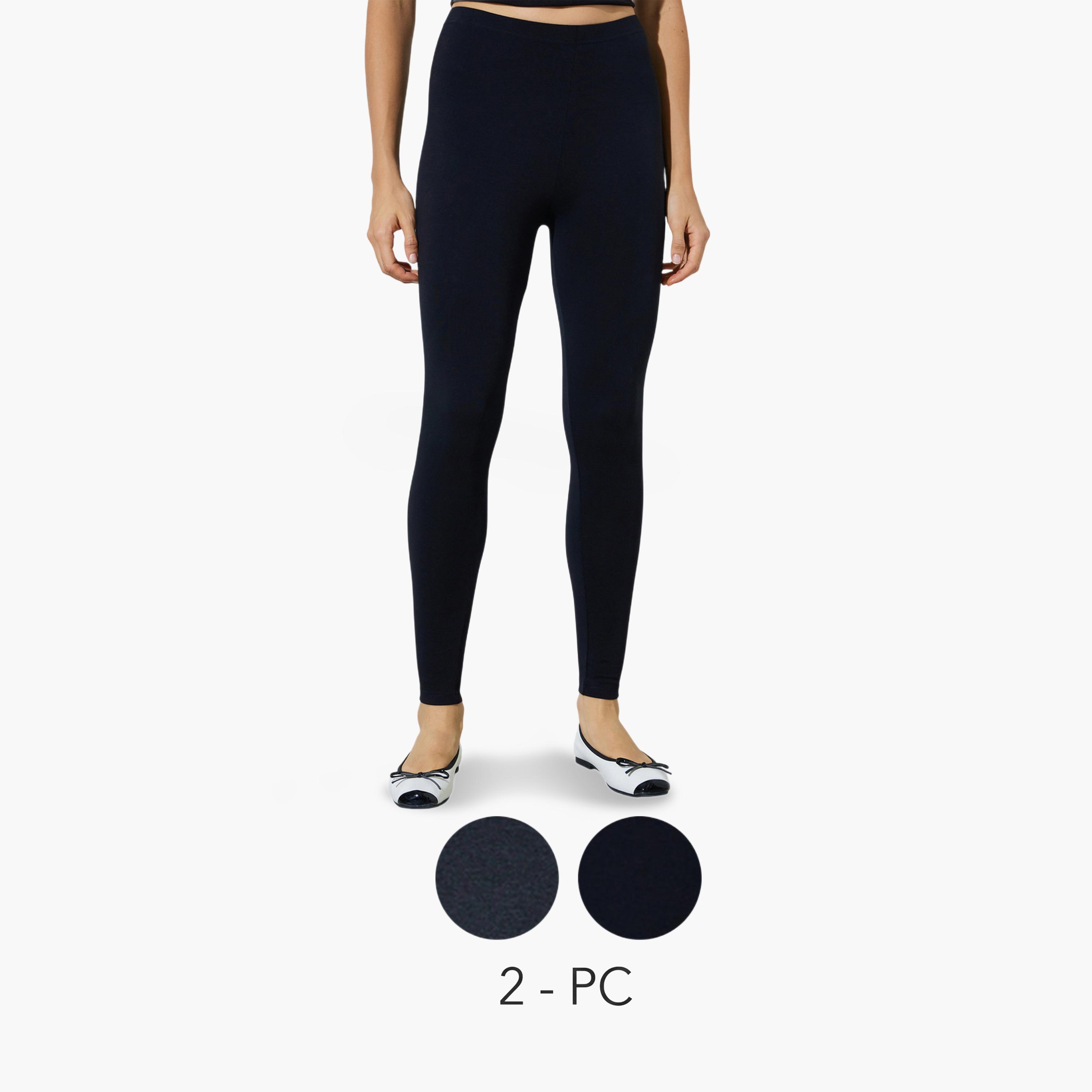 طقم من 2 ليقنز بطول الكاحل بلون سادة لون أسود ورمادي داكن-women-clothing-bottoms-leggings-image-1