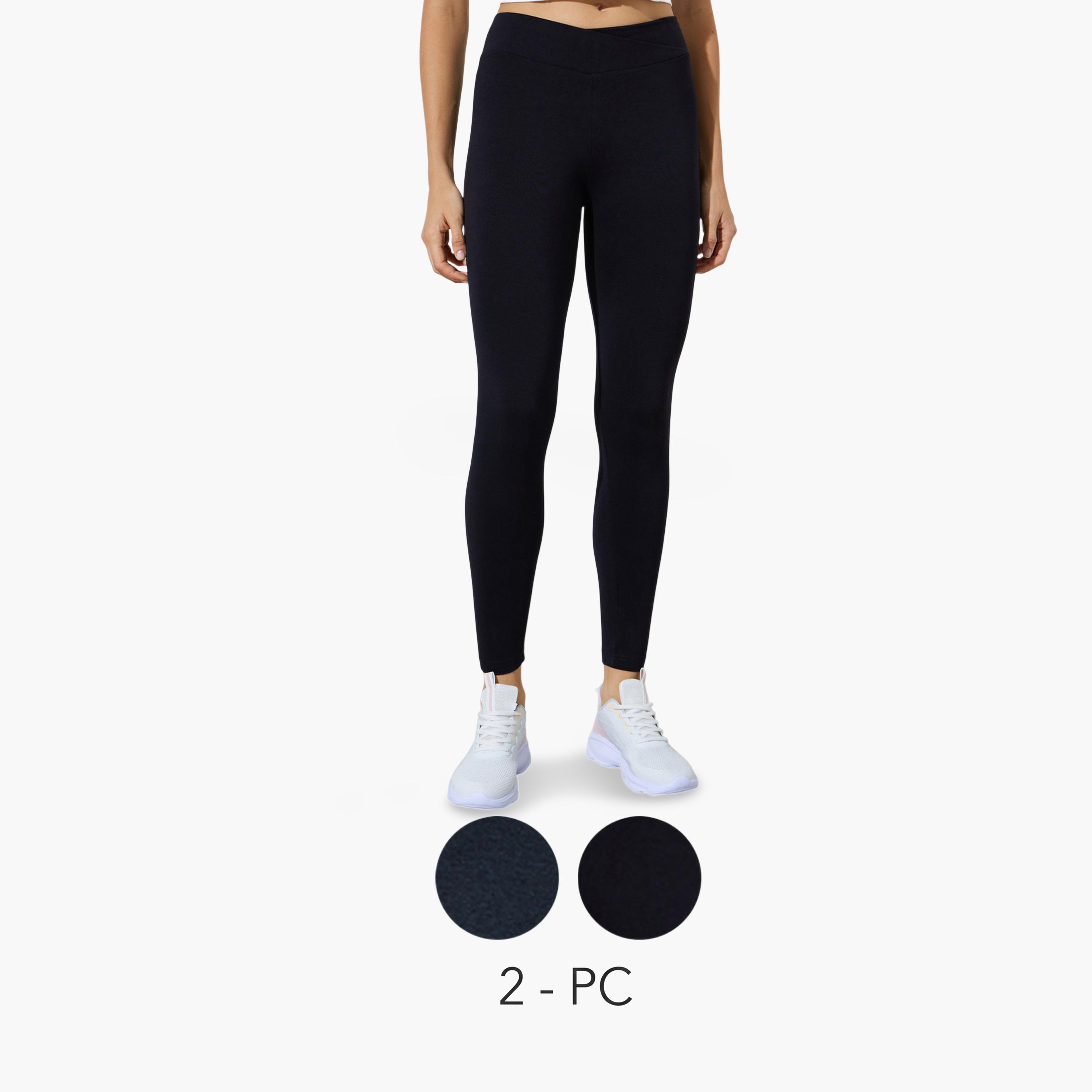 طقم من 2 ليقنز بقصة ضيقة بلون سادة لون أسود ورمادي داكن-women-clothing-bottoms-leggings-image-1