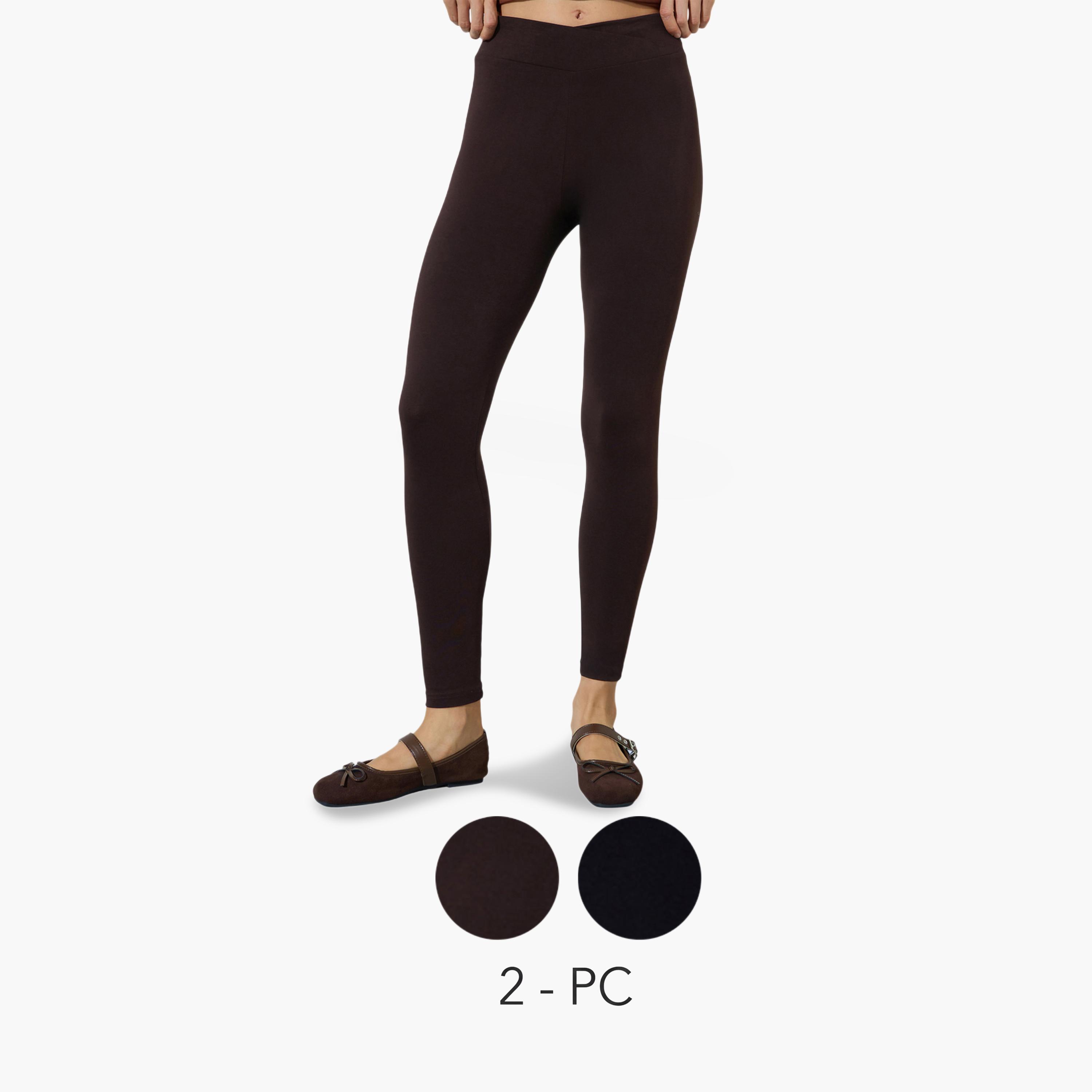 طقم من 2 ليقنز بقصة ضيقة بلون سادة لون أسود وبني-women-clothing-bottoms-leggings-image-1