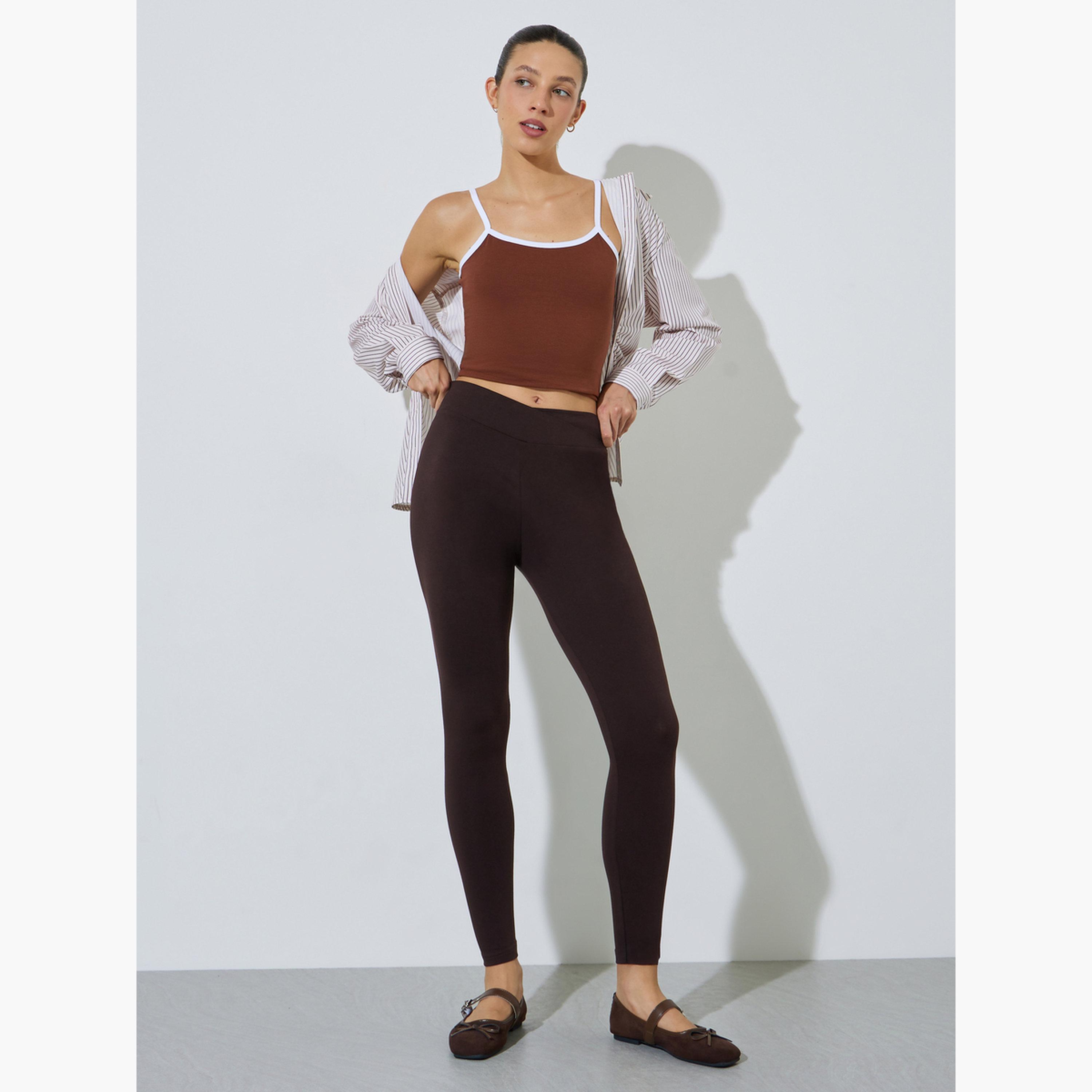 طقم من 2 ليقنز بقصة ضيقة بلون سادة لون أسود وبني-women-clothing-bottoms-leggings-image-2
