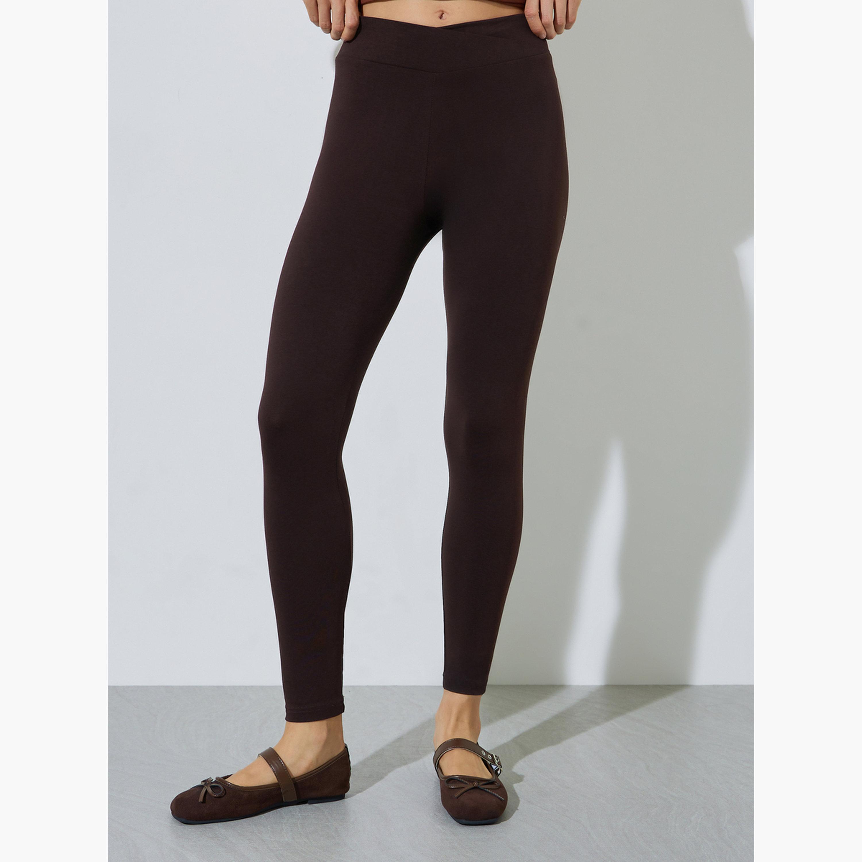 طقم من 2 ليقنز بقصة ضيقة بلون سادة لون أسود وبني-women-clothing-bottoms-leggings-image-3