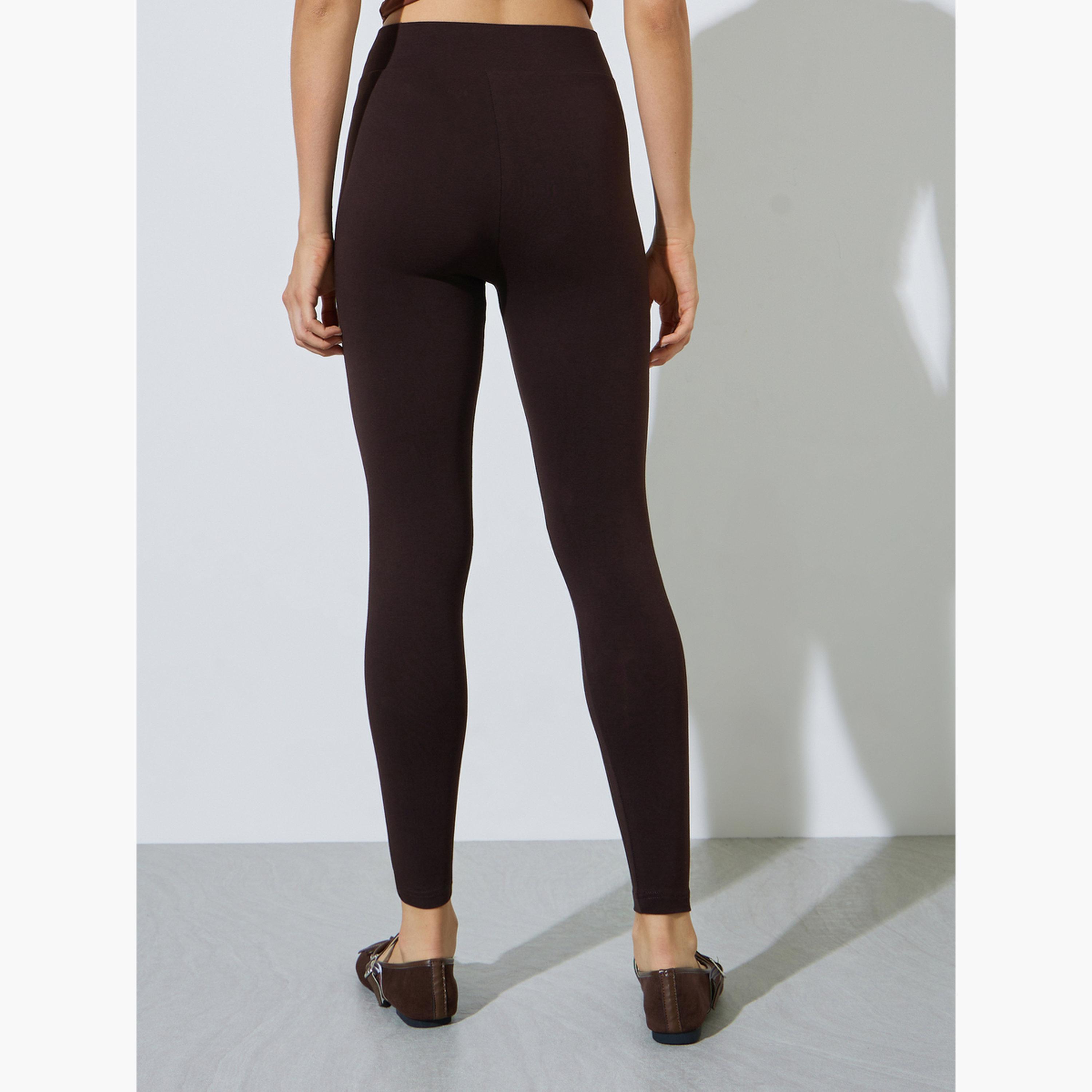 طقم من 2 ليقنز بقصة ضيقة بلون سادة لون أسود وبني-women-clothing-bottoms-leggings-image-5