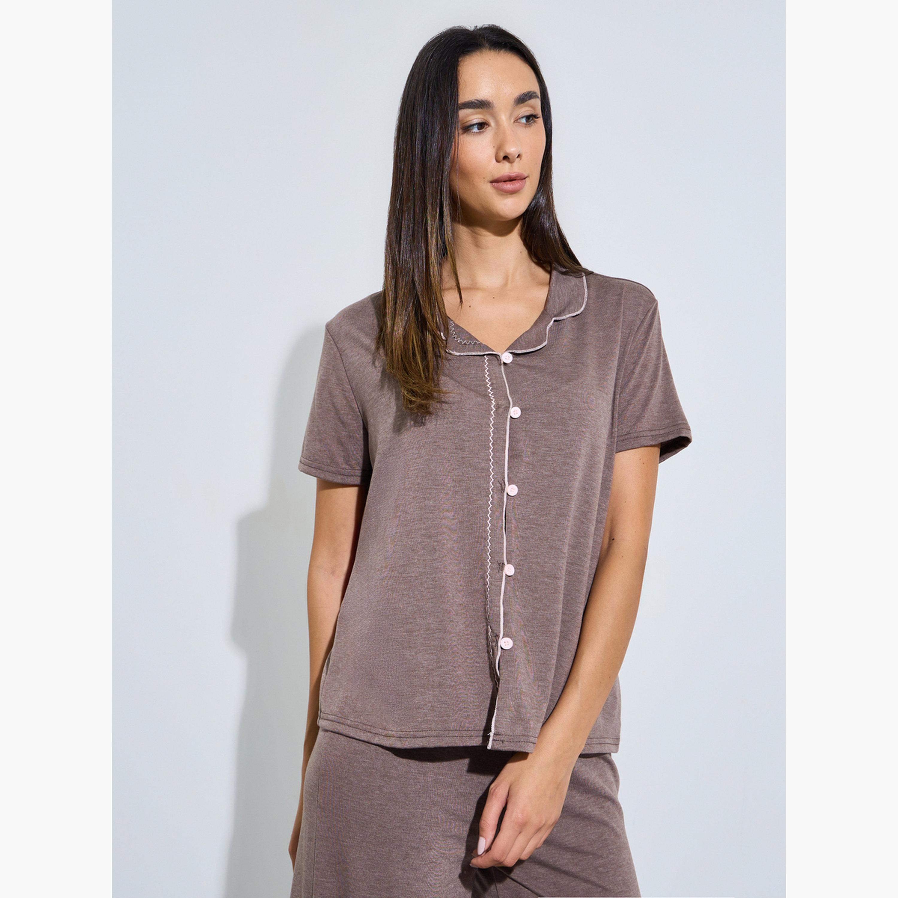 ستايلي - طقم بيجاما واسع الساقين مع قميص بني اللون مزين بحواف متداخلة-women-clothing-nightwear-pyjamas-longsets-image-2