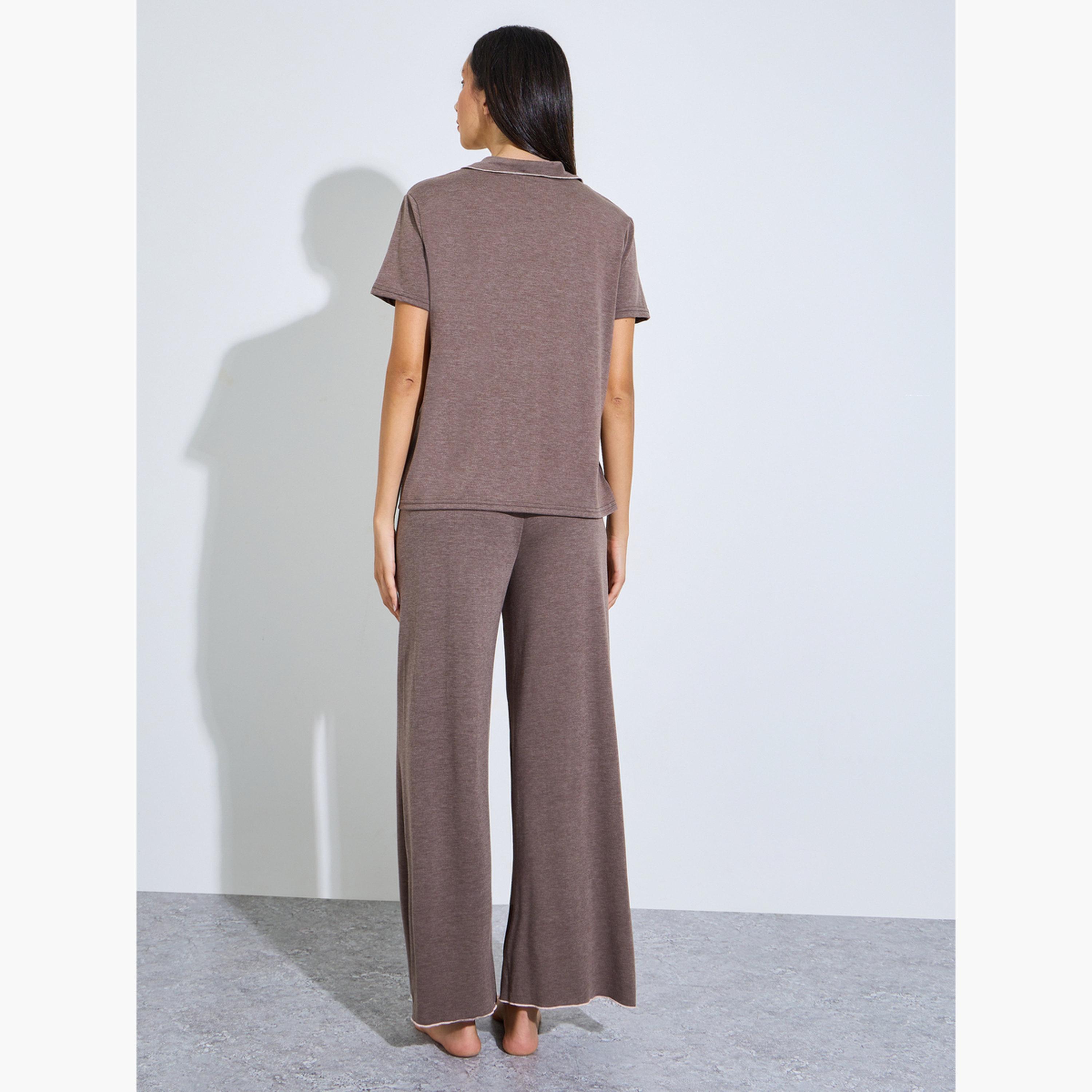 ستايلي - طقم بيجاما واسع الساقين مع قميص بني اللون مزين بحواف متداخلة-women-clothing-nightwear-pyjamas-longsets-image-3