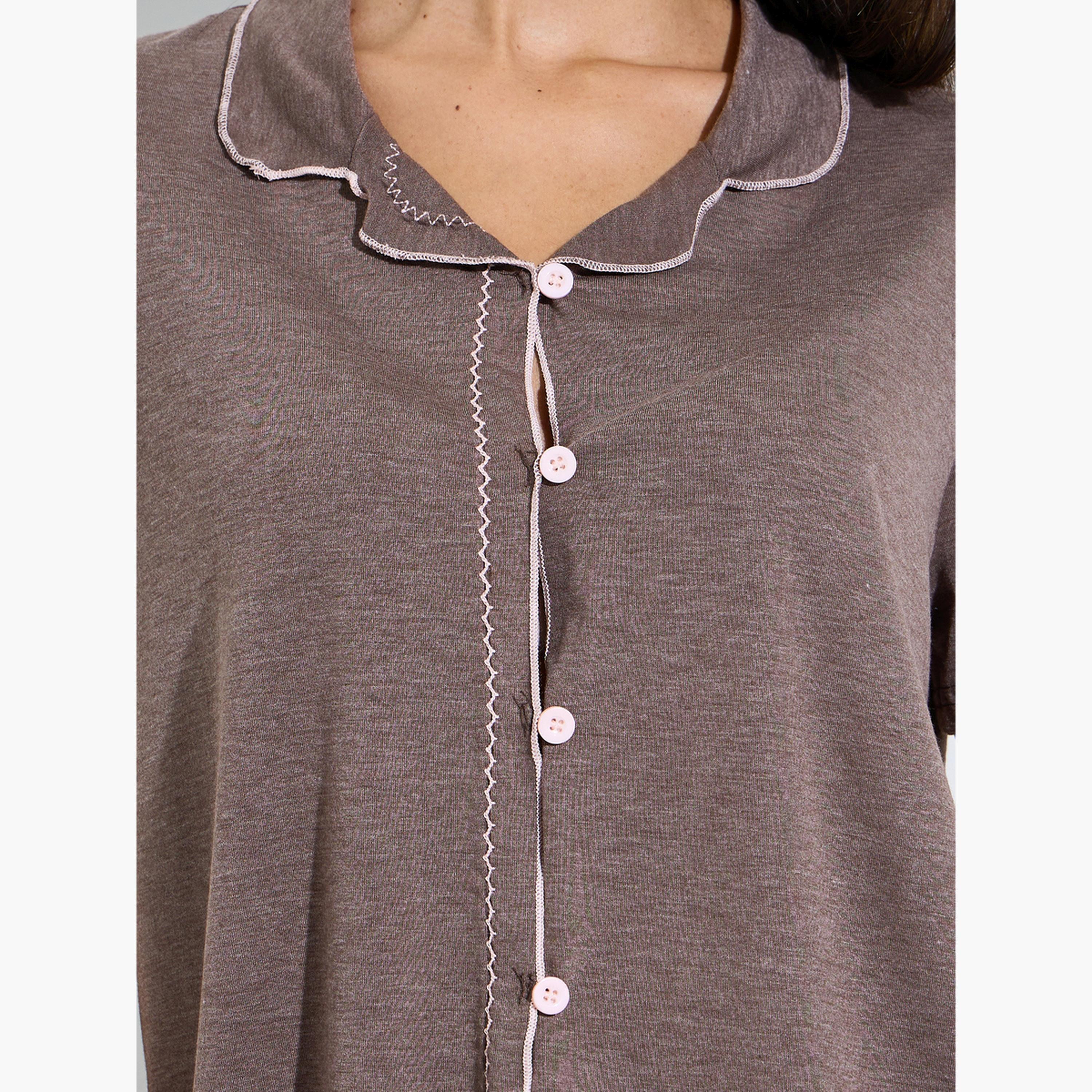 ستايلي - طقم بيجاما واسع الساقين مع قميص بني اللون مزين بحواف متداخلة-women-clothing-nightwear-pyjamas-longsets-image-5