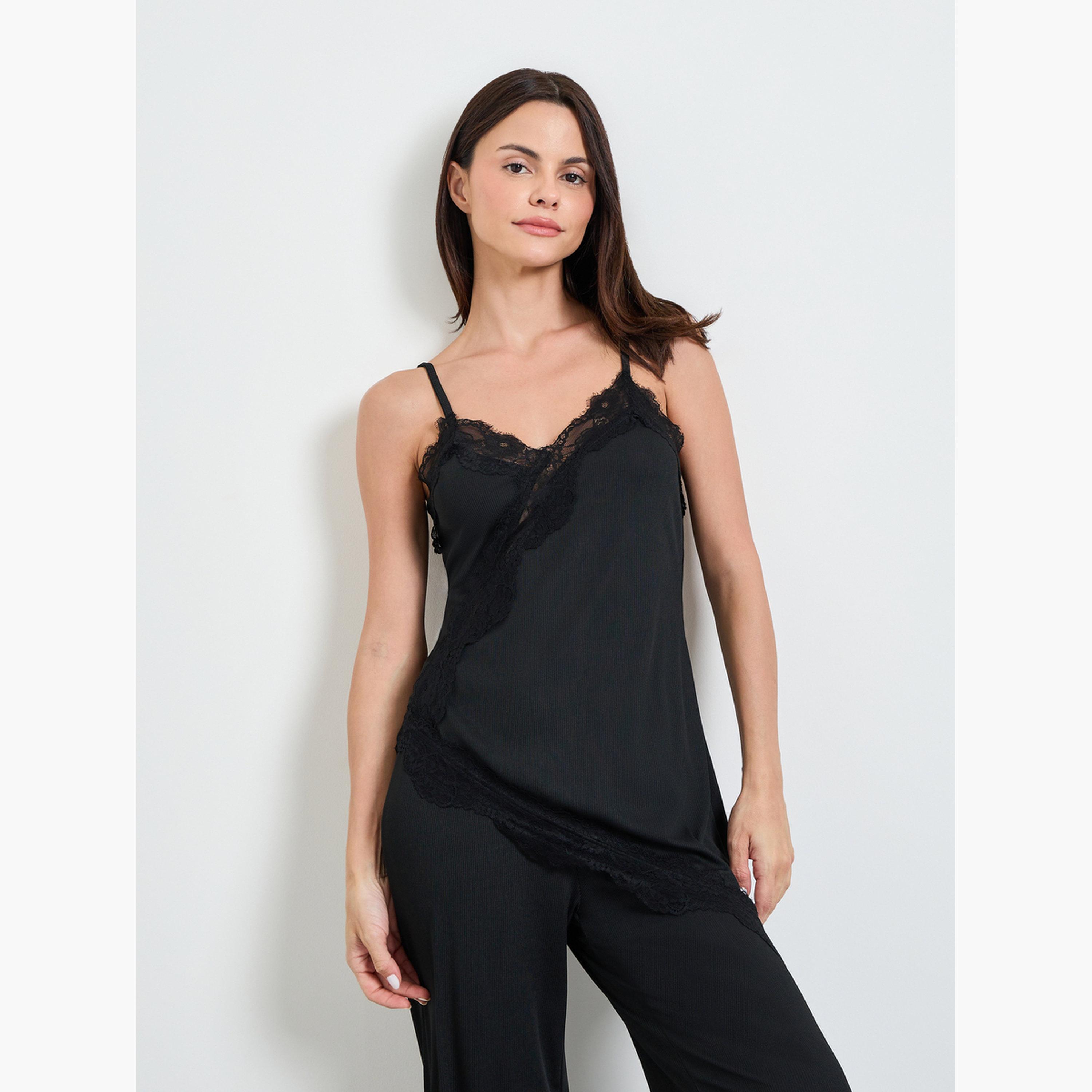 طقم بيجاما من بنطال وقميص تحتاني طويل بتفاصيل دانتيل-women-clothing-nightwear-pyjamas-longsets-image-2