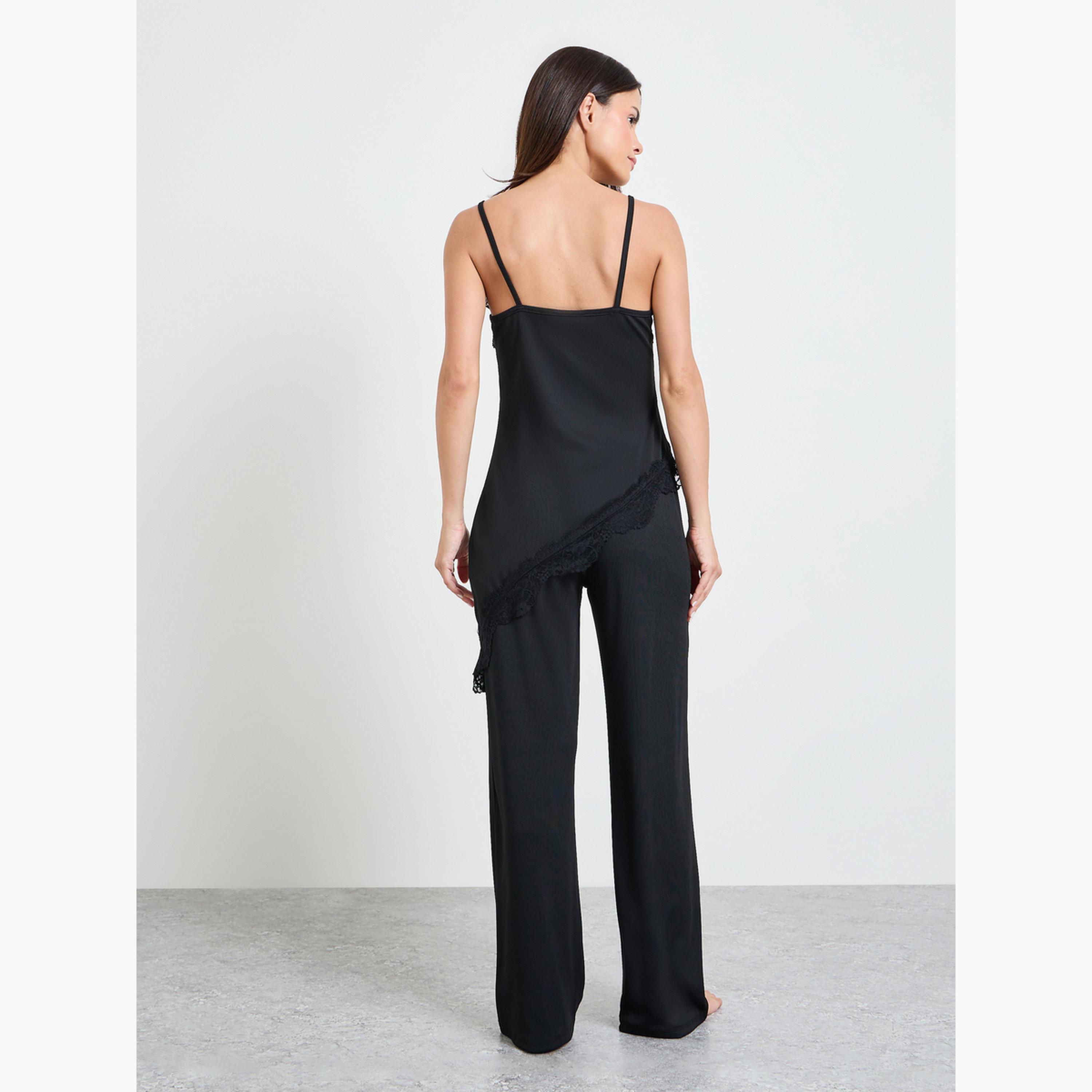 طقم بيجاما من بنطال وقميص تحتاني طويل بتفاصيل دانتيل-women-clothing-nightwear-pyjamas-longsets-image-3