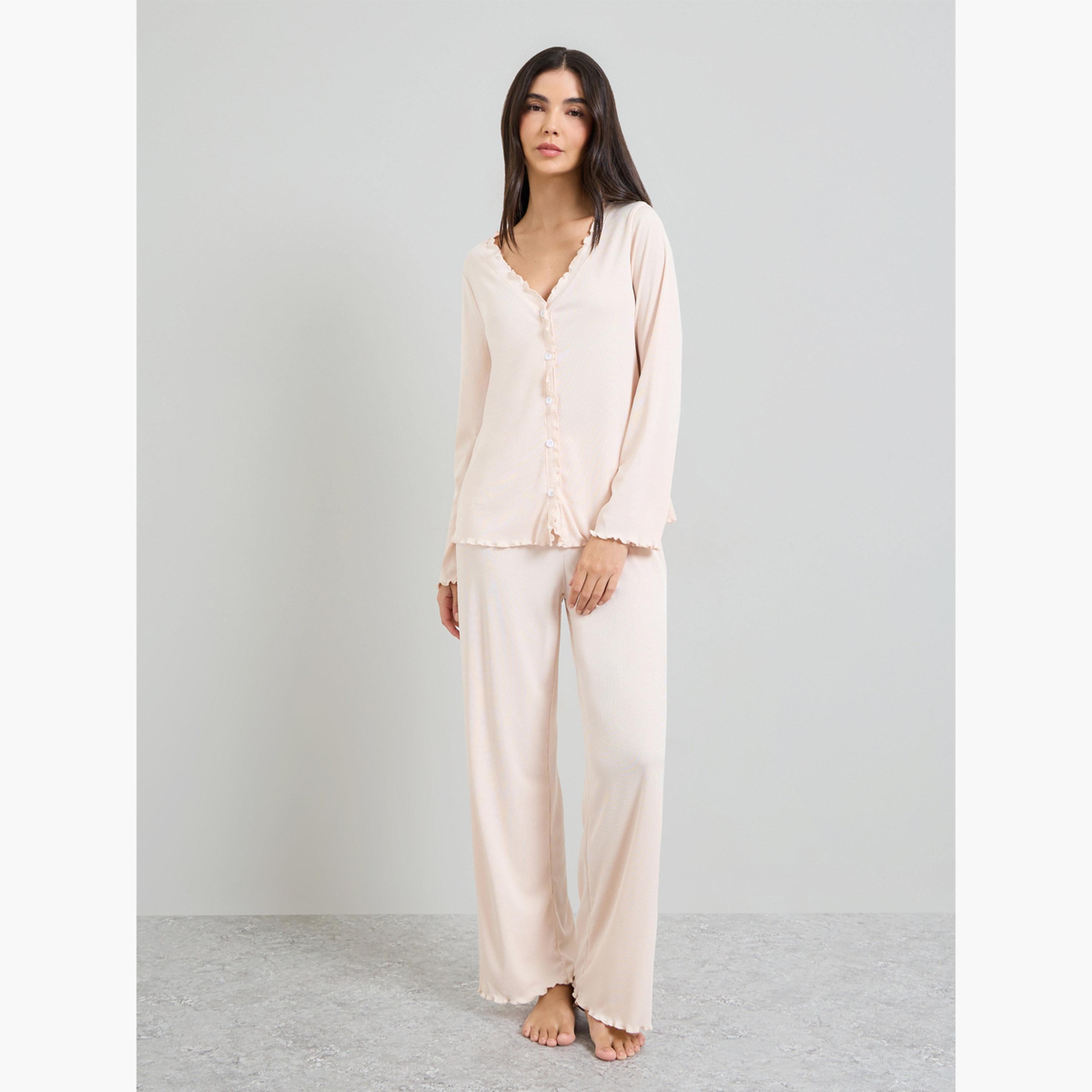 Styli Cream Rib Lettuce Edge Buttoned Shirt and Wide Leg Pyjama Set-women-clothing-nightwear-pyjamas-longsets-image-1