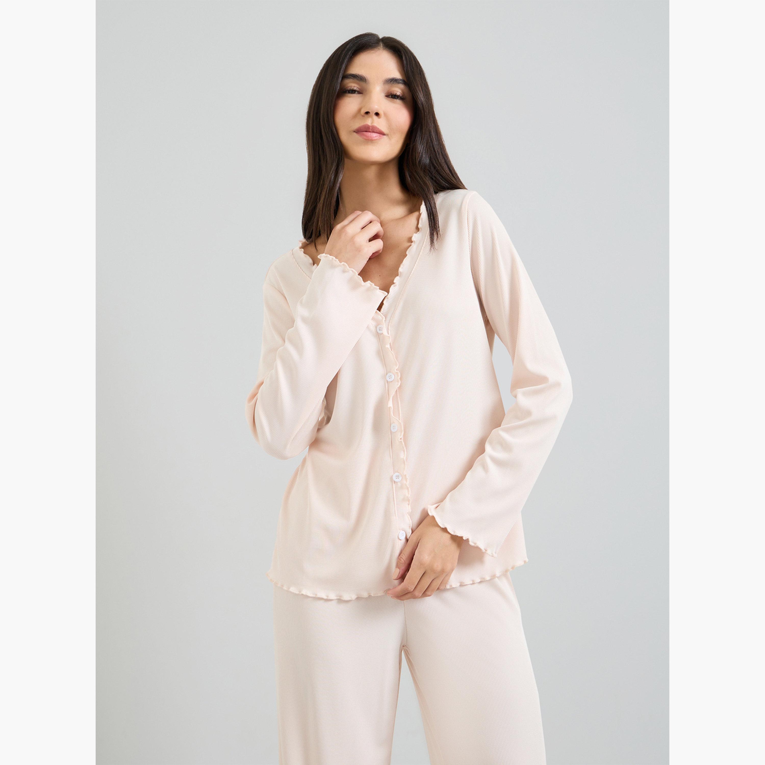 Styli Cream Rib Lettuce Edge Buttoned Shirt and Wide Leg Pyjama Set-women-clothing-nightwear-pyjamas-longsets-image-3