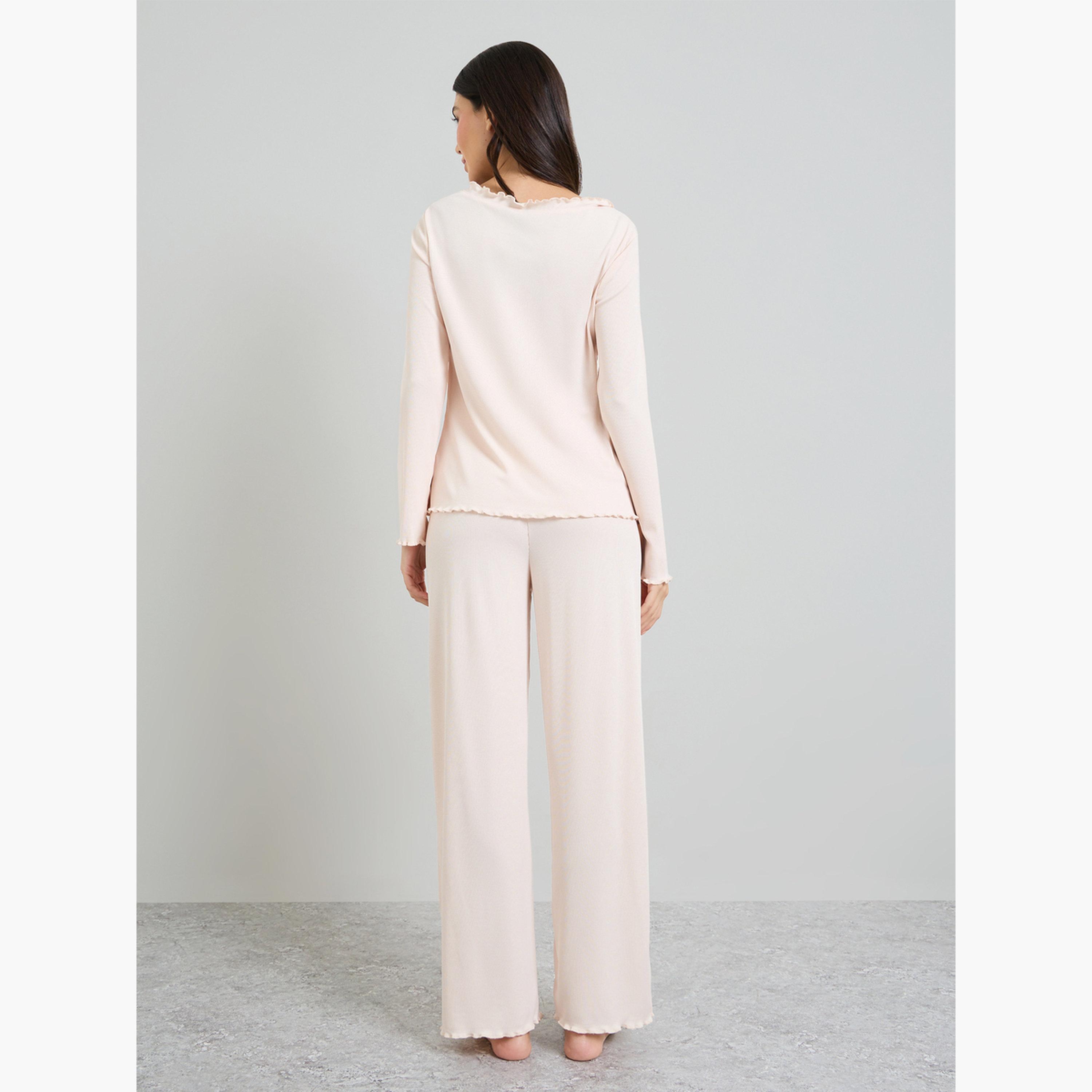Styli Cream Rib Lettuce Edge Buttoned Shirt and Wide Leg Pyjama Set-women-clothing-nightwear-pyjamas-longsets-image-4
