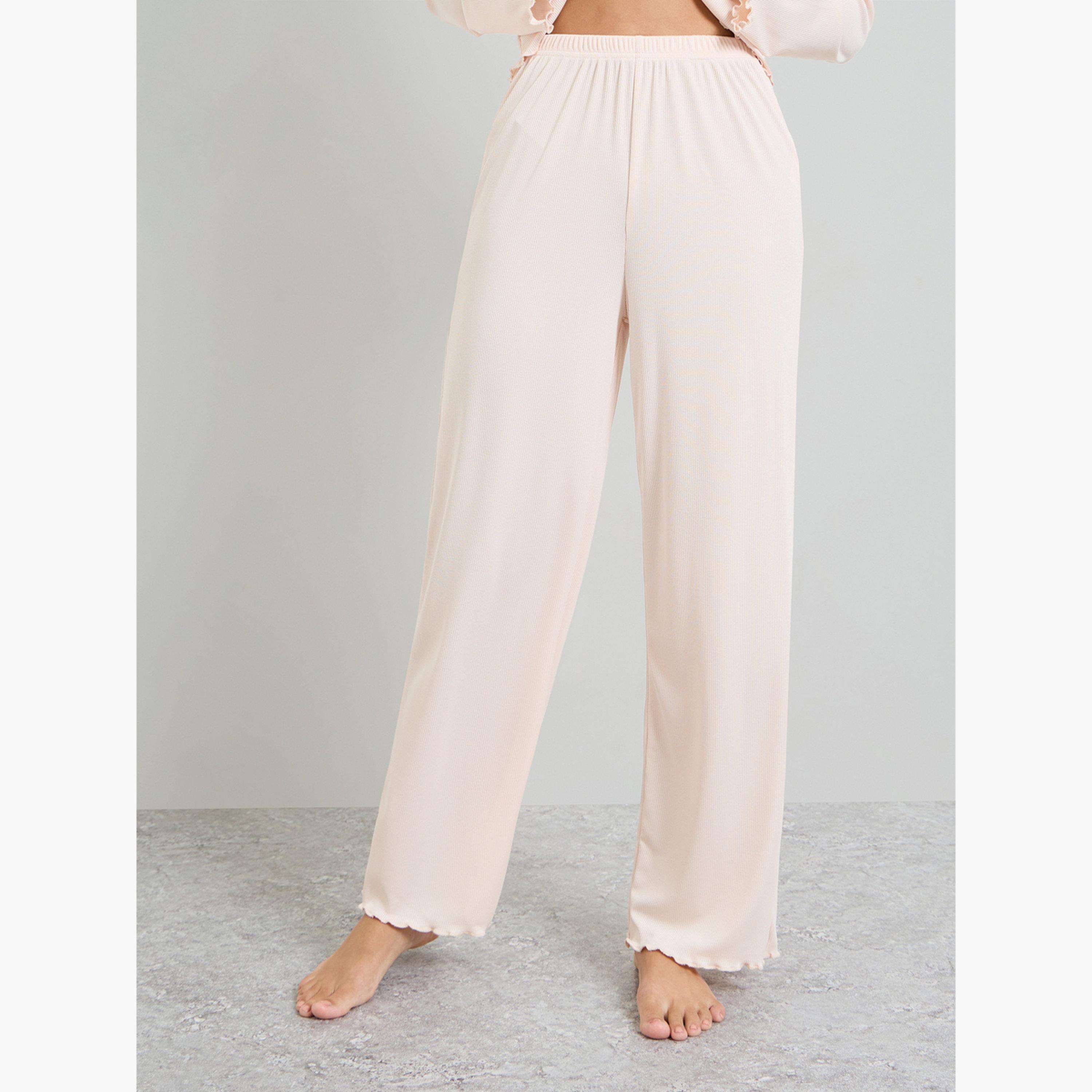 Styli Cream Rib Lettuce Edge Buttoned Shirt and Wide Leg Pyjama Set-women-clothing-nightwear-pyjamas-longsets-image-5