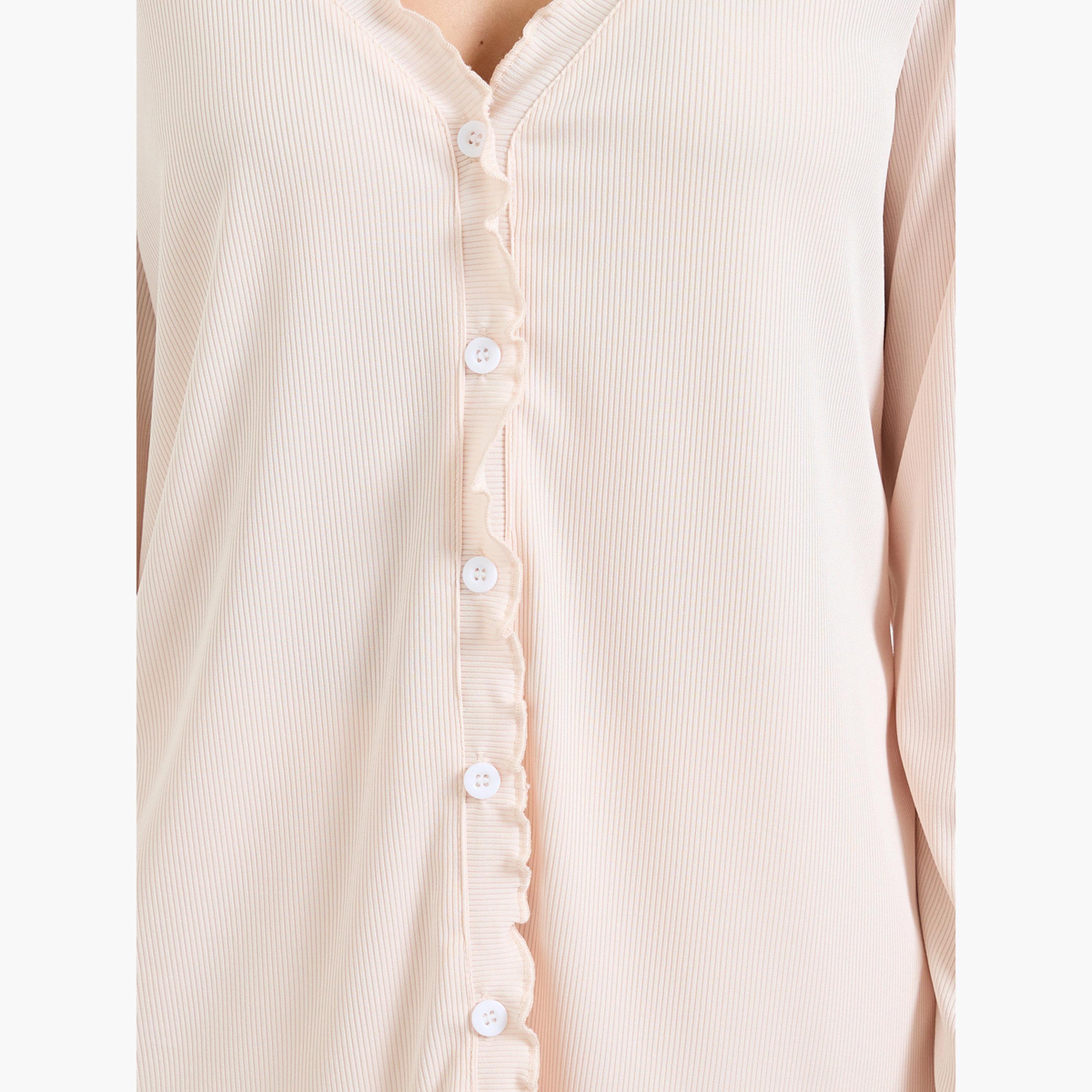 Styli Cream Rib Lettuce Edge Buttoned Shirt and Wide Leg Pyjama Set-women-clothing-nightwear-pyjamas-longsets-image-6