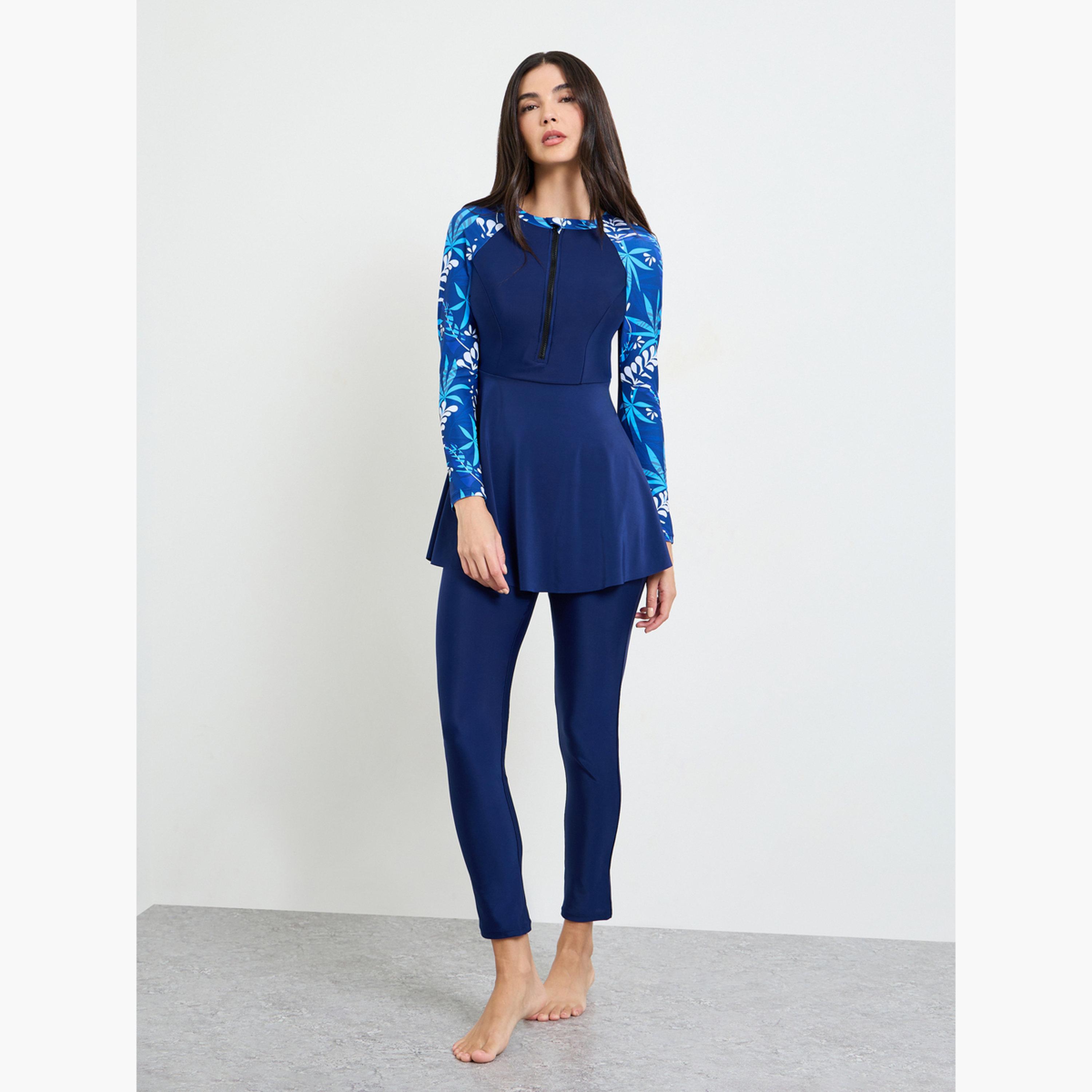 Styli Navy Blue Leaf Print Raglan Sleeve Burkini and Leggings Set-women-clothing-swimandbeach-beach-beachwear-image-1