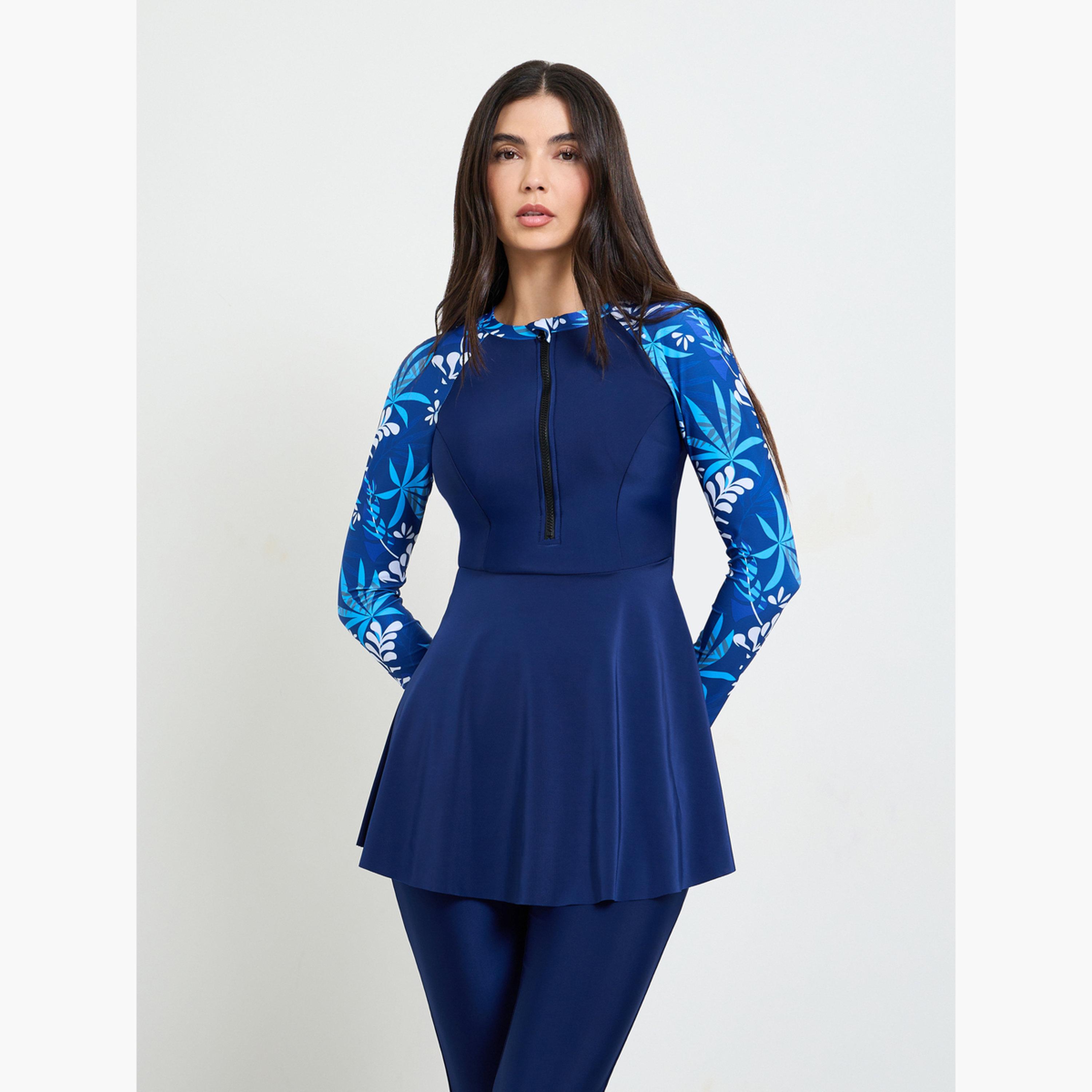 Styli Navy Blue Leaf Print Raglan Sleeve Burkini and Leggings Set-women-clothing-swimandbeach-beach-beachwear-image-2