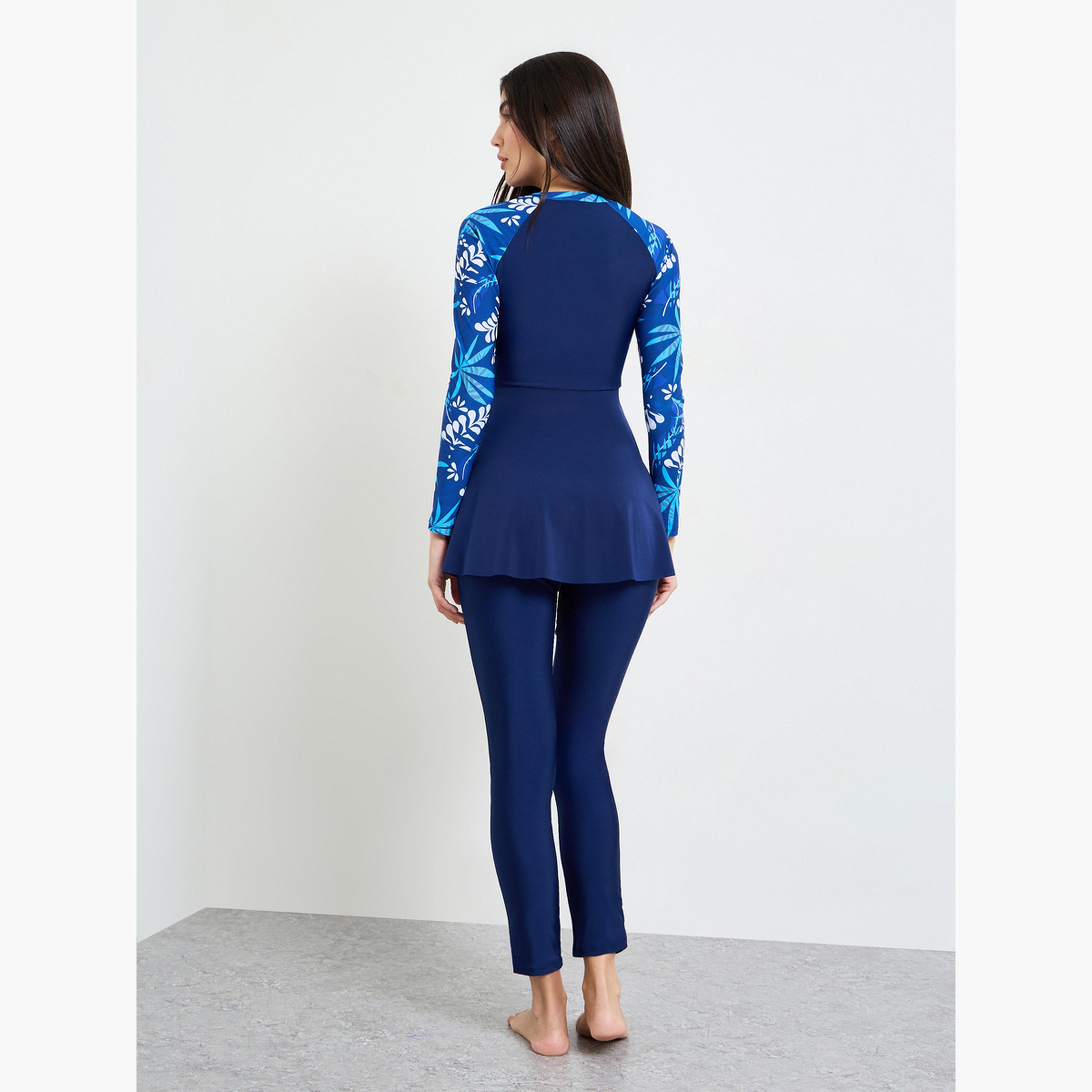 Styli Navy Blue Leaf Print Raglan Sleeve Burkini and Leggings Set-women-clothing-swimandbeach-beach-beachwear-image-3