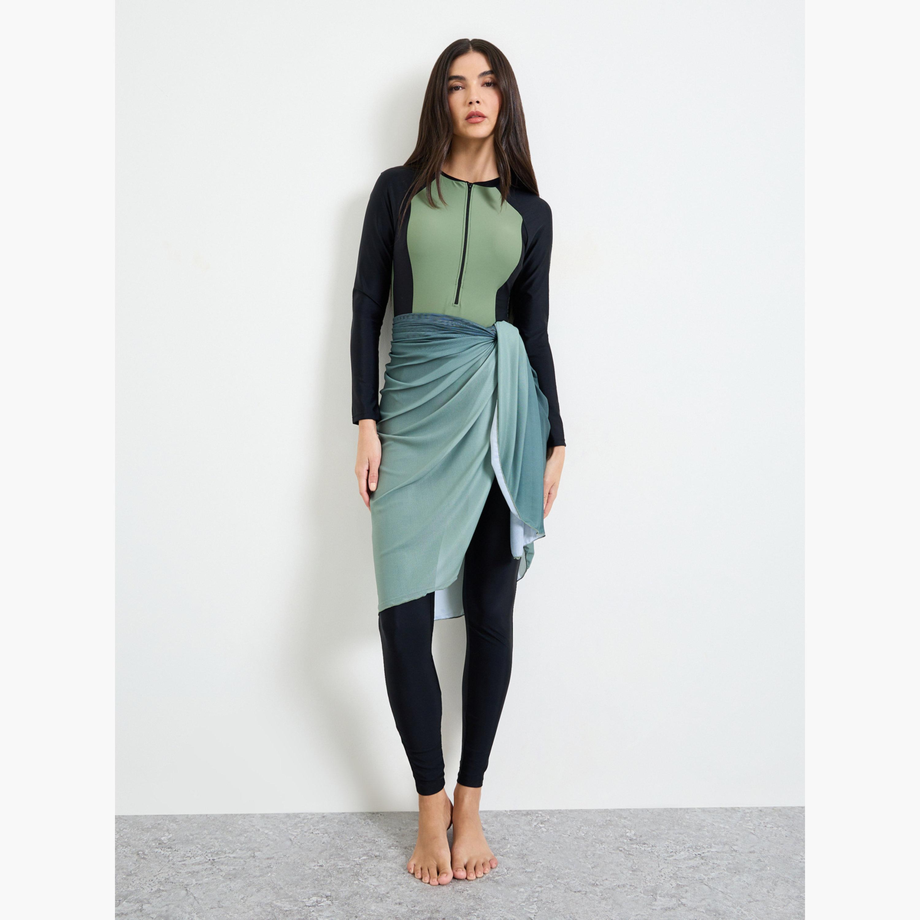 ستايلي - طقم 3 قطع - طقم بوركيني بألوان متداخلة، مايوه ضيق وتنورة ملفوفة-women-clothing-swimandbeach-beach-beachwear-image-1