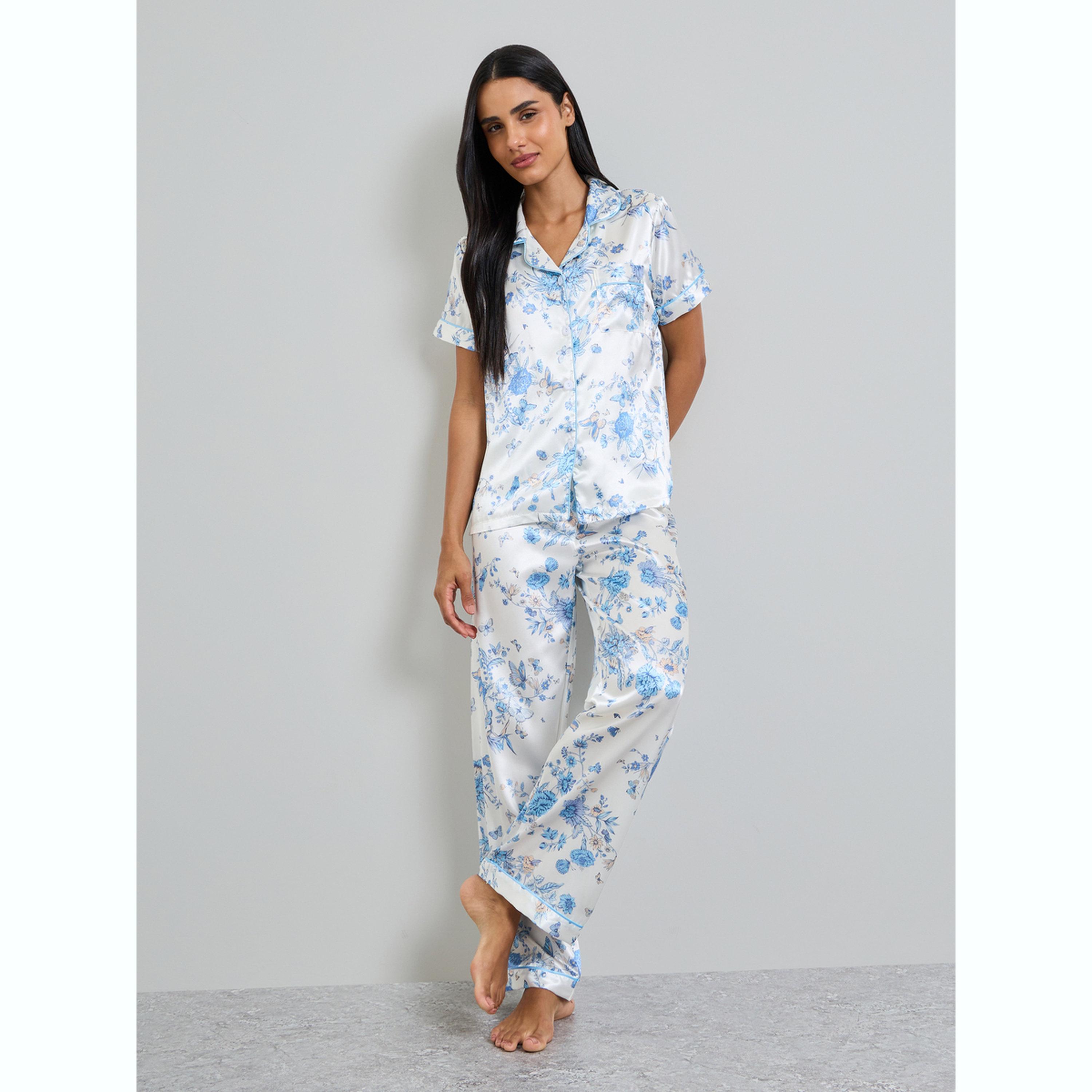 Take Two White Butterfly Print Satin Shirt and Pyjama Set-women-clothing-nightwear-pyjamas-longsets-image-1