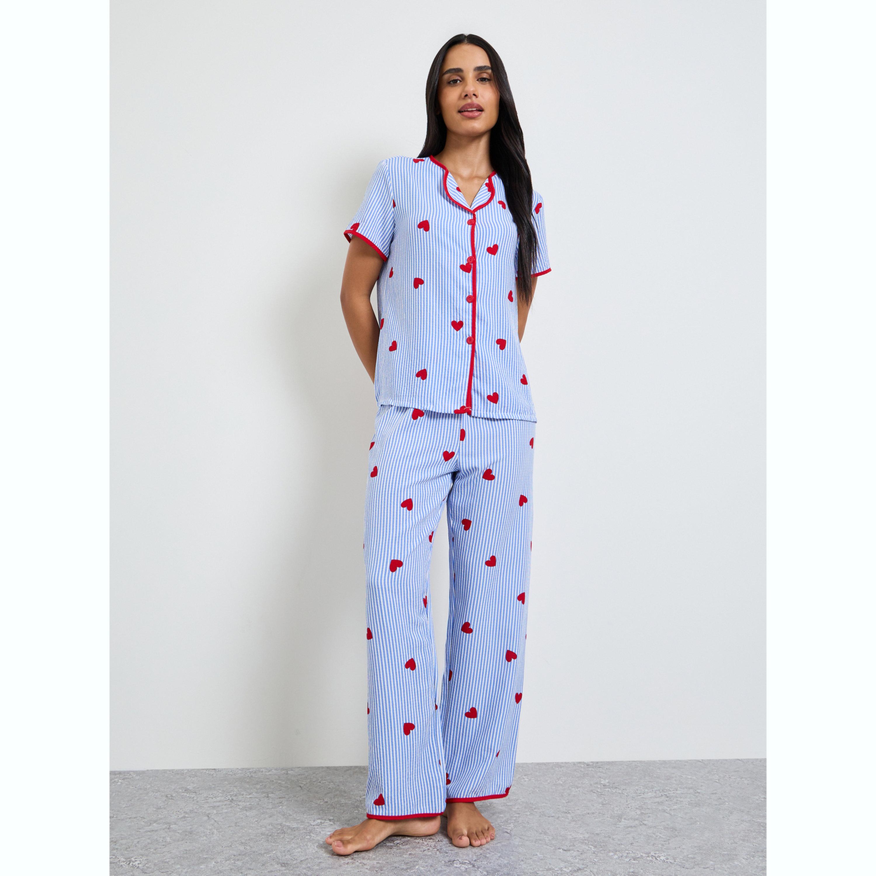 Take Two Blue Heart Striped Print Shirt and Pyjama Set-women-clothing-nightwear-pyjamas-longsets-image-1