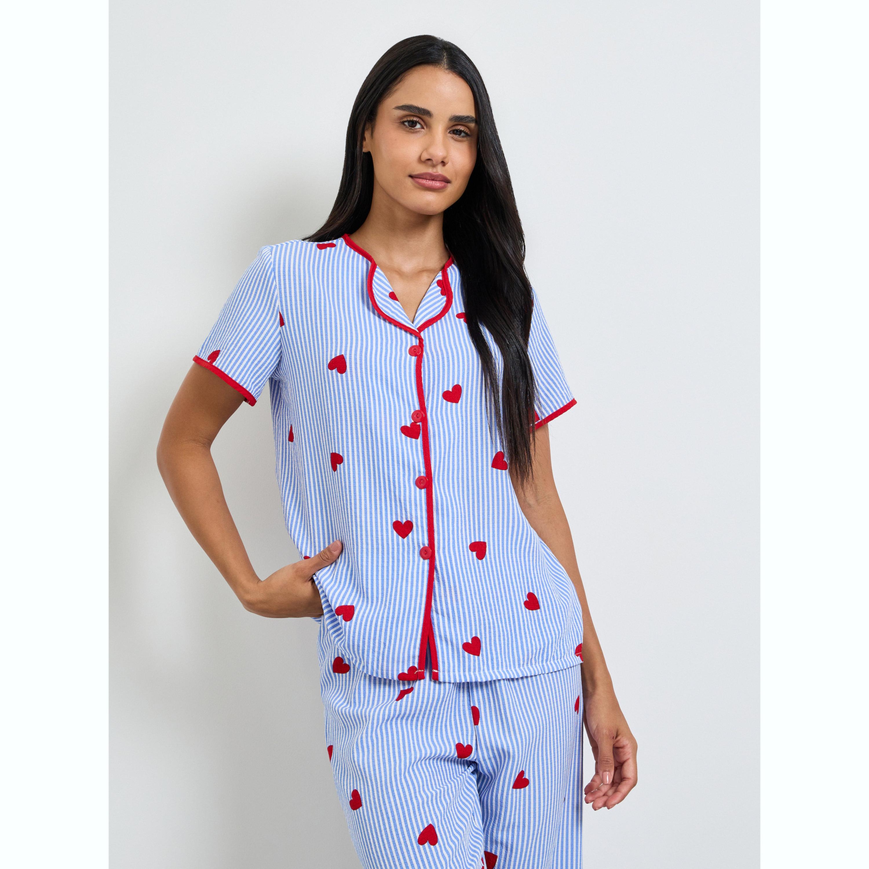 Take Two Blue Heart Striped Print Shirt and Pyjama Set-women-clothing-nightwear-pyjamas-longsets-image-2