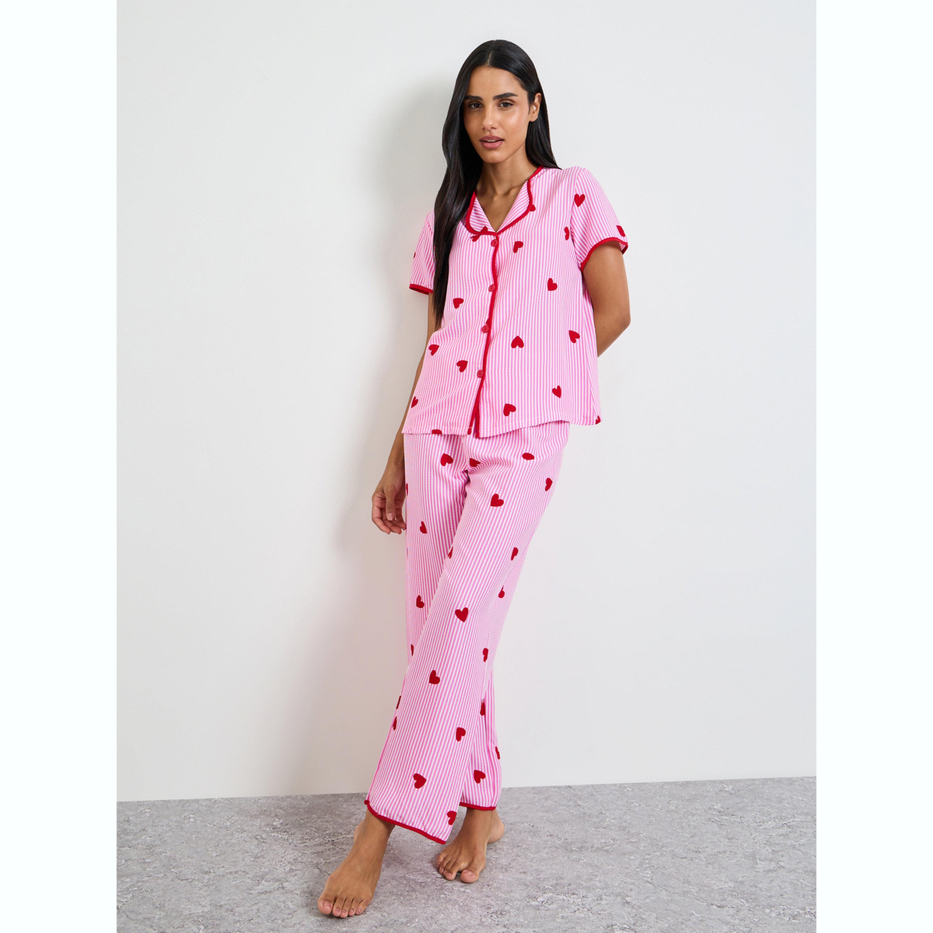 Take Two Pink Heart Striped Print Shirt and Pyjama Set-women-clothing-nightwear-pyjamas-longsets-image-1
