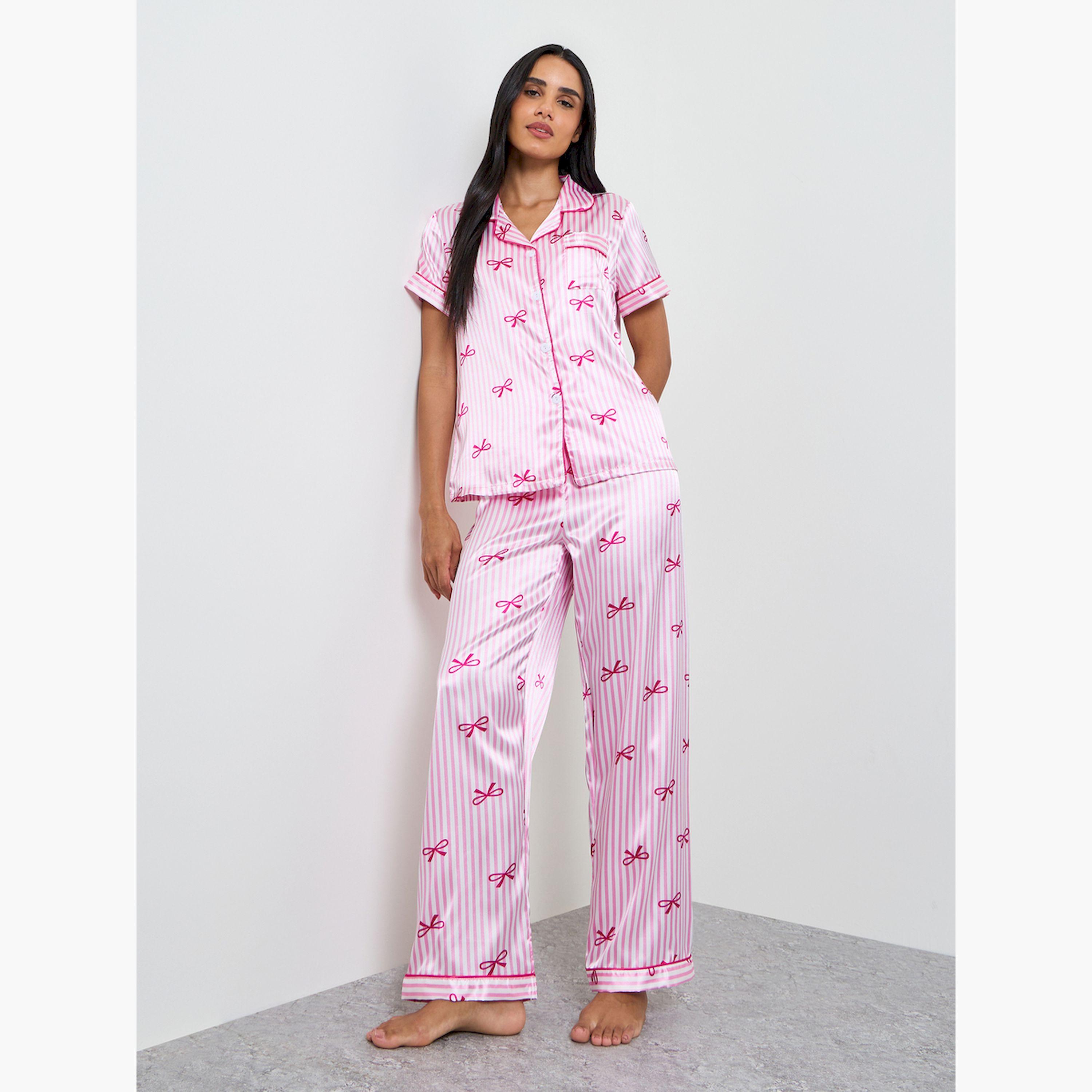 Take Two Pink Bow Print Striped Shirt and Pyjama Set-women-clothing-nightwear-pyjamas-longsets-image-1