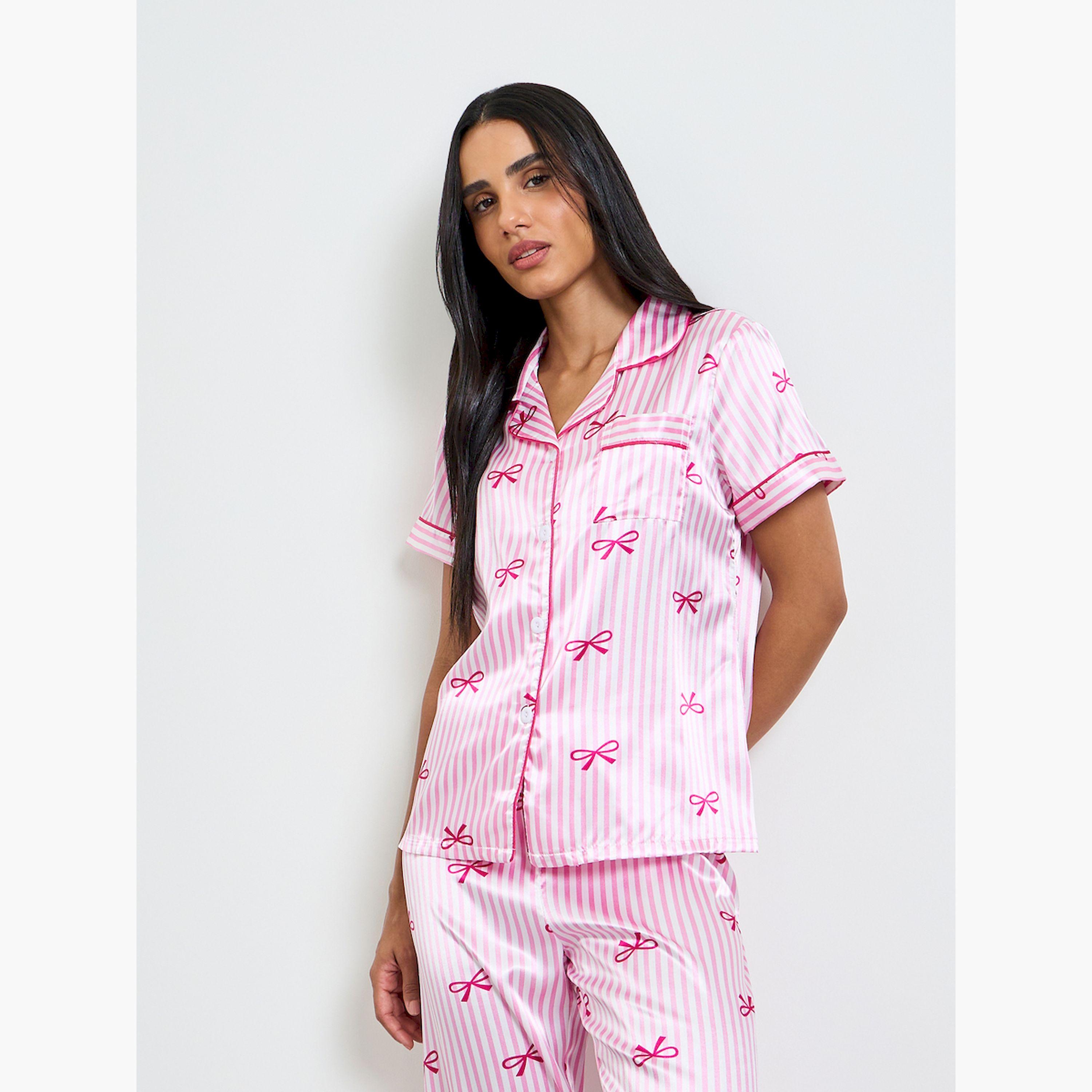 Take Two Pink Bow Print Striped Shirt and Pyjama Set-women-clothing-nightwear-pyjamas-longsets-image-2