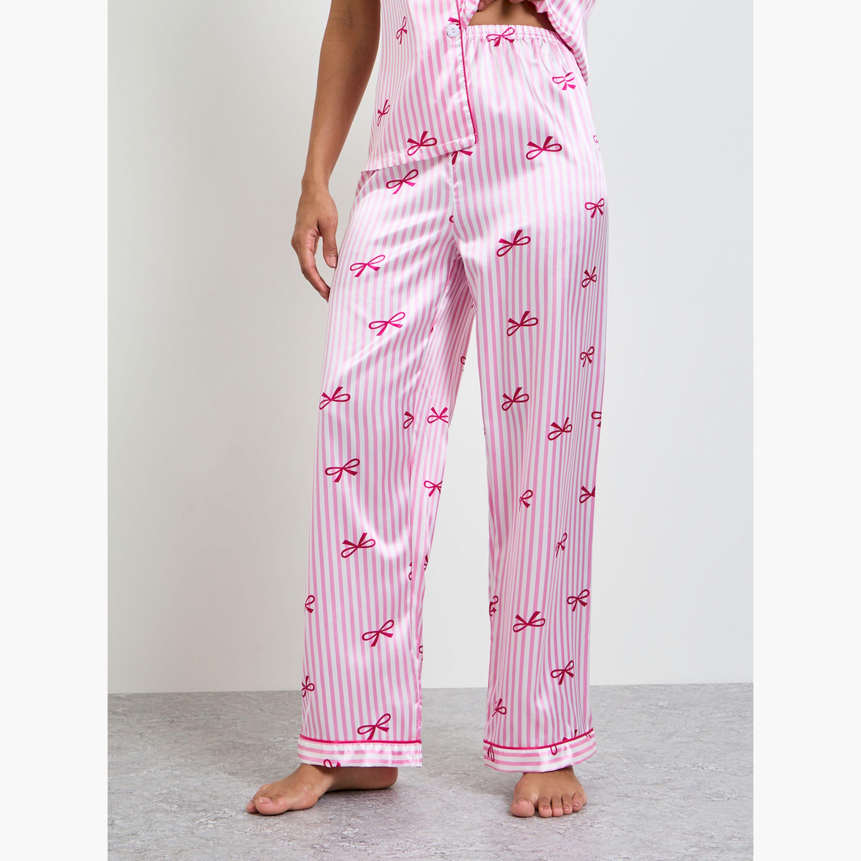 Take Two Pink Bow Print Striped Shirt and Pyjama Set-women-clothing-nightwear-pyjamas-longsets-image-4