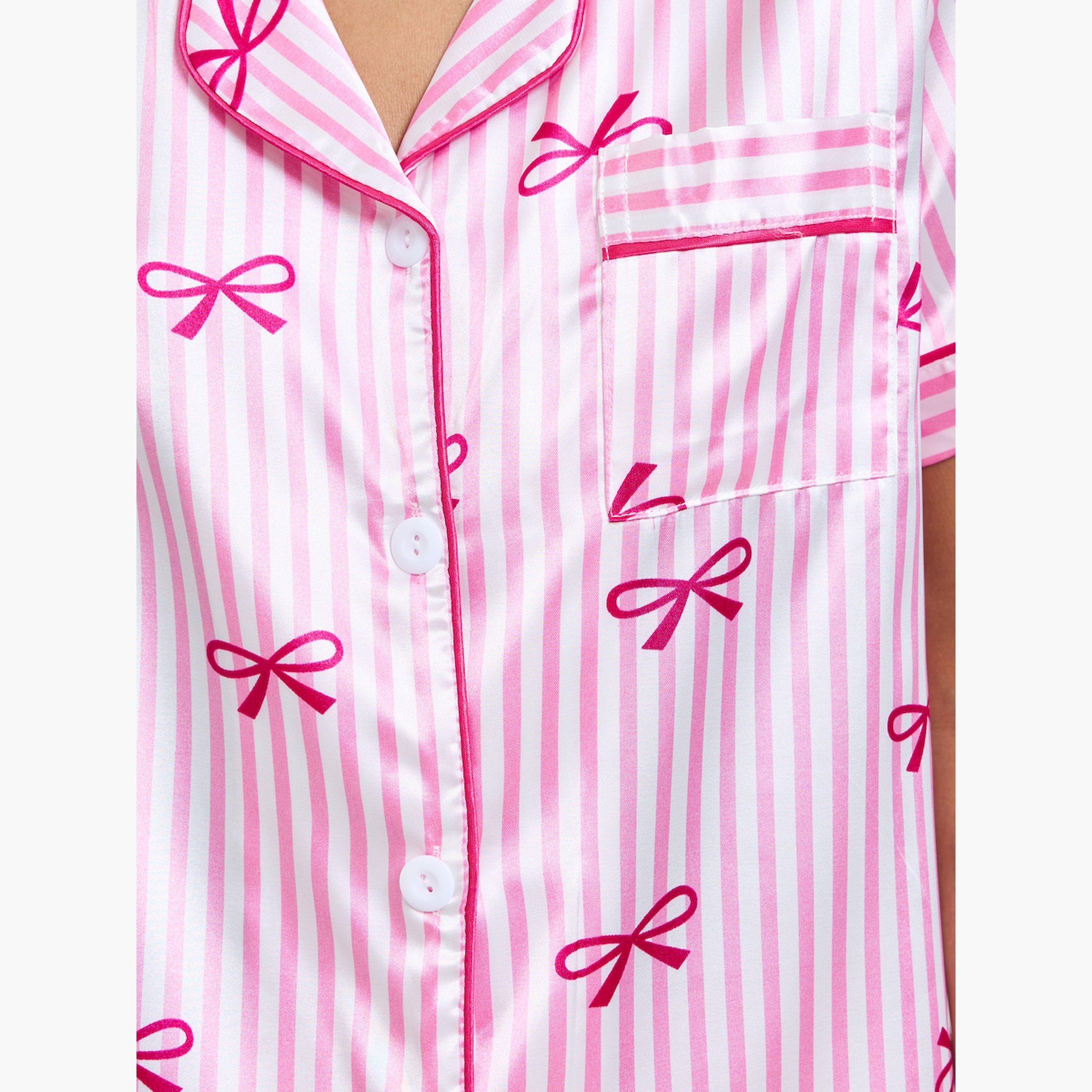 Take Two Pink Bow Print Striped Shirt and Pyjama Set-women-clothing-nightwear-pyjamas-longsets-image-5