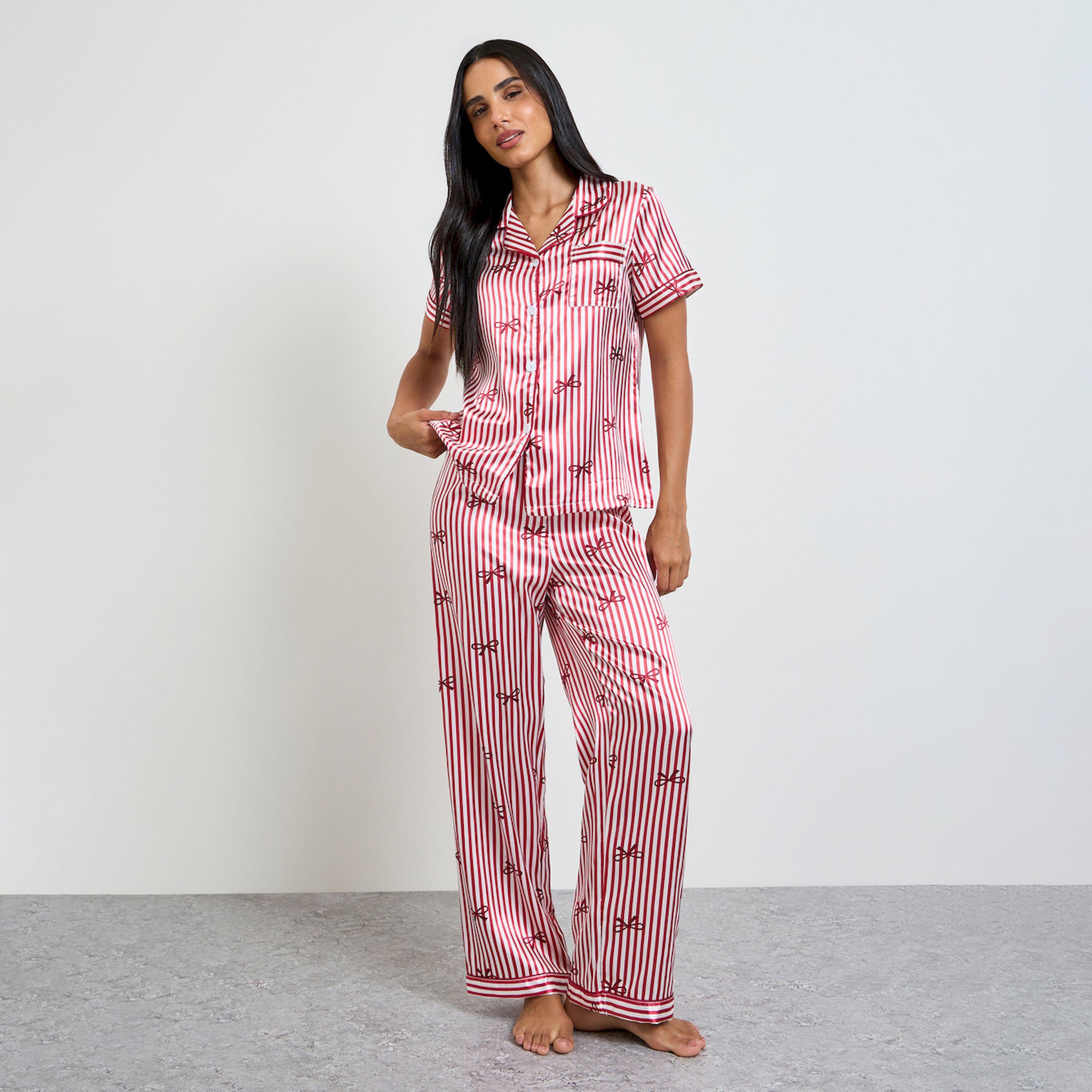 Take Two Red Bow Print Striped Shirt and Pyjama Set-women-clothing-nightwear-pyjamas-longsets-image-1