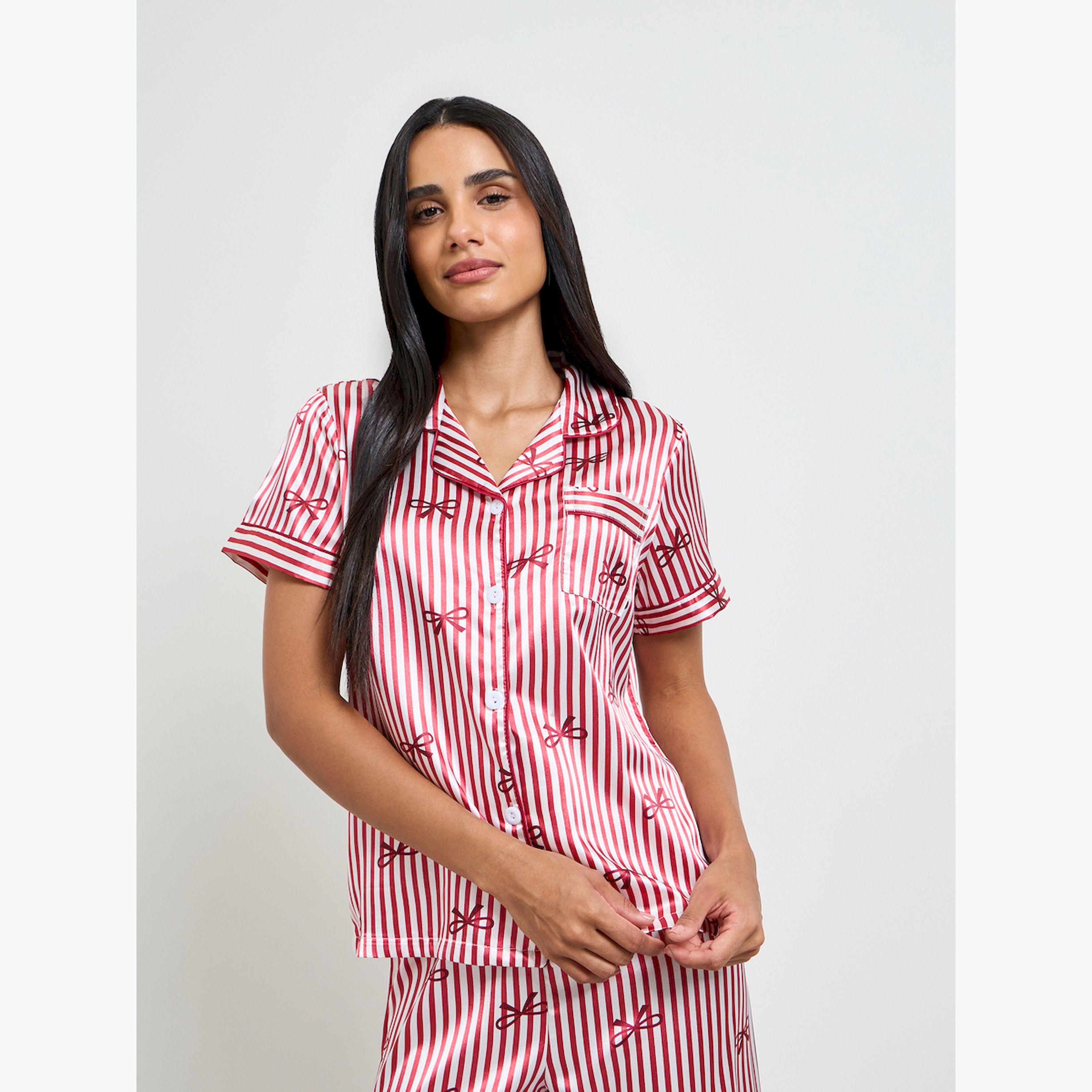 Take Two Red Bow Print Striped Shirt and Pyjama Set-women-clothing-nightwear-pyjamas-longsets-image-2