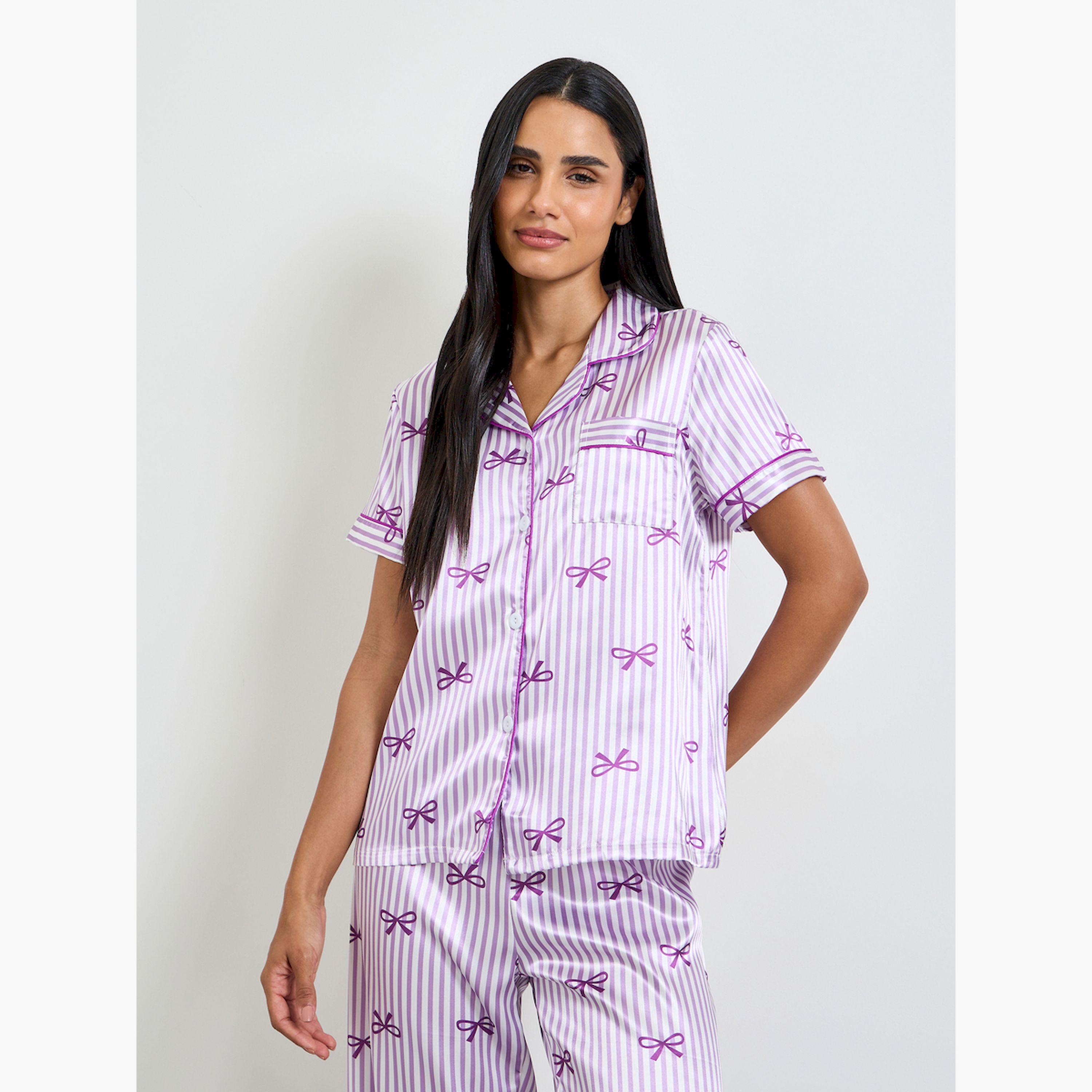 طقم بيجاما من بنطال وقميص مخطط بطبعة فيونكة-women-clothing-nightwear-pyjamas-longsets-image-2