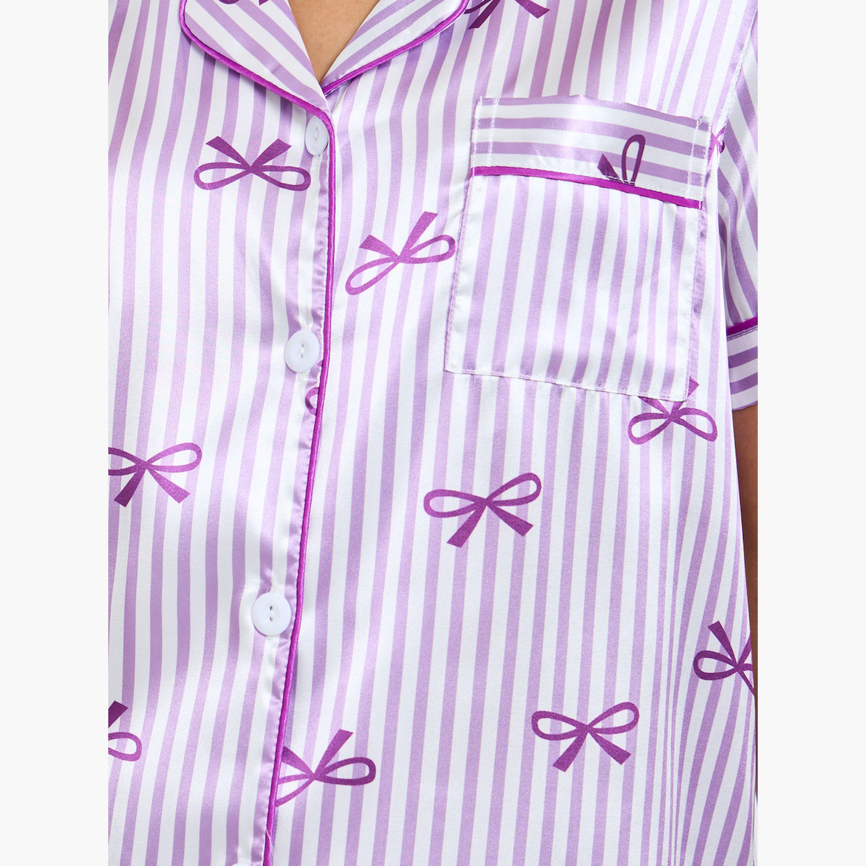 طقم بيجاما من بنطال وقميص مخطط بطبعة فيونكة-women-clothing-nightwear-pyjamas-longsets-image-5