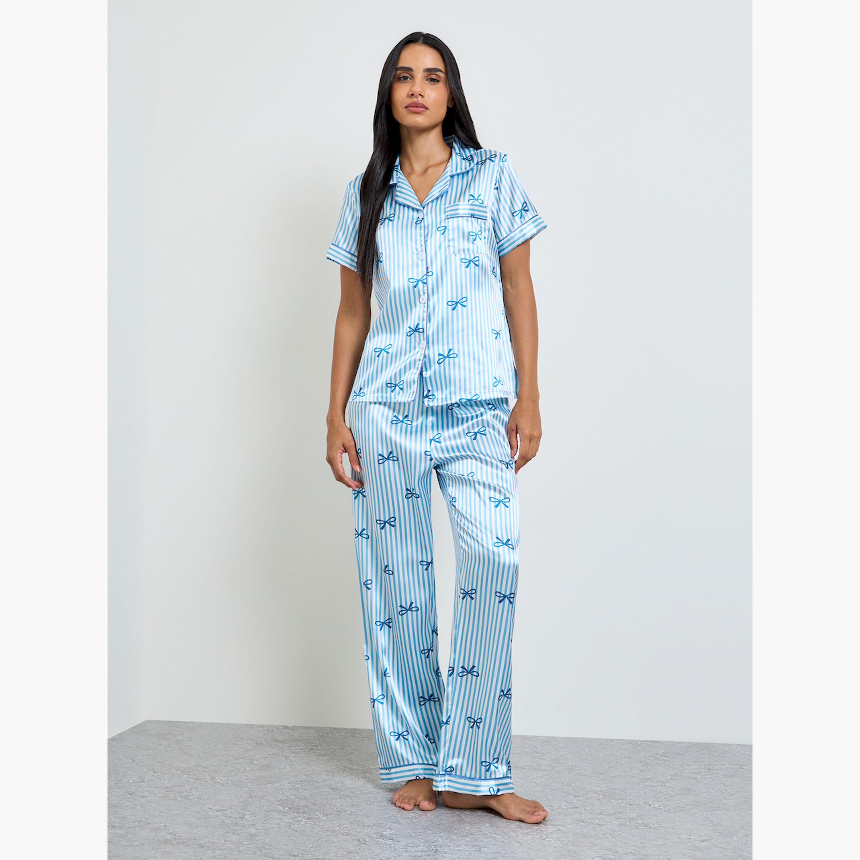 Take Two Blue Bow Print Striped Shirt and Pyjama Set-women-clothing-nightwear-pyjamas-longsets-image-1