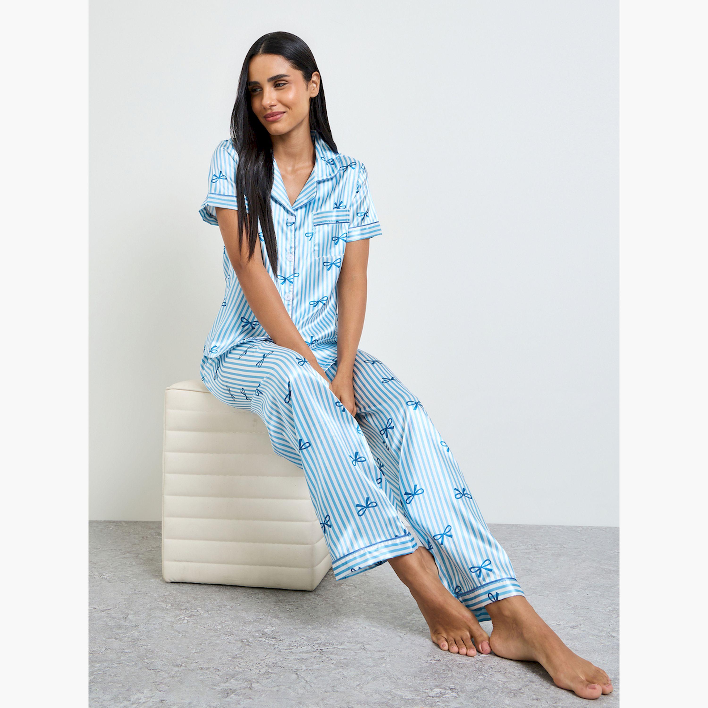 Take Two Blue Bow Print Striped Shirt and Pyjama Set-women-clothing-nightwear-pyjamas-longsets-image-2